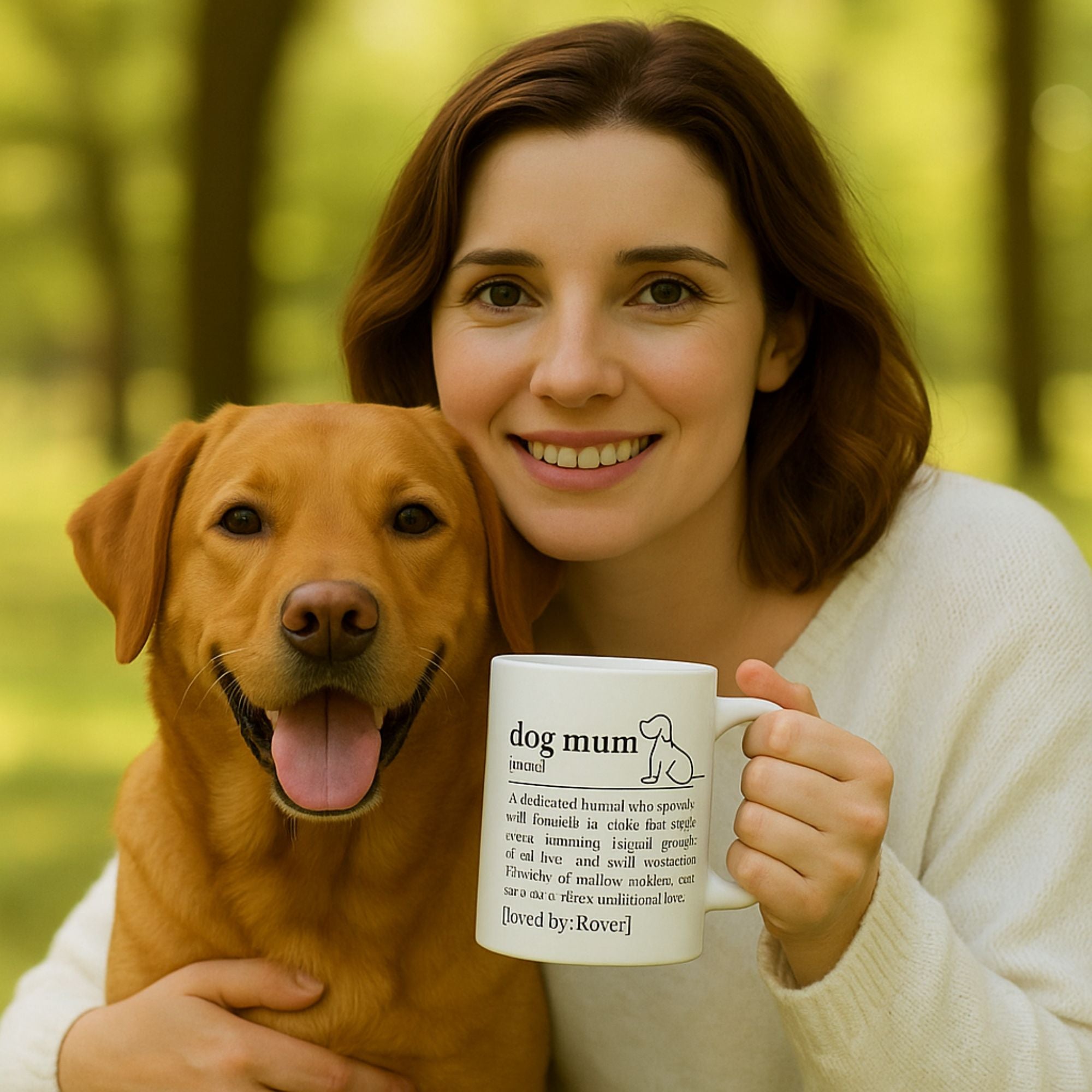 Woman holding a mug with a dog mum design, standing next to a happy dog in a forest setting.