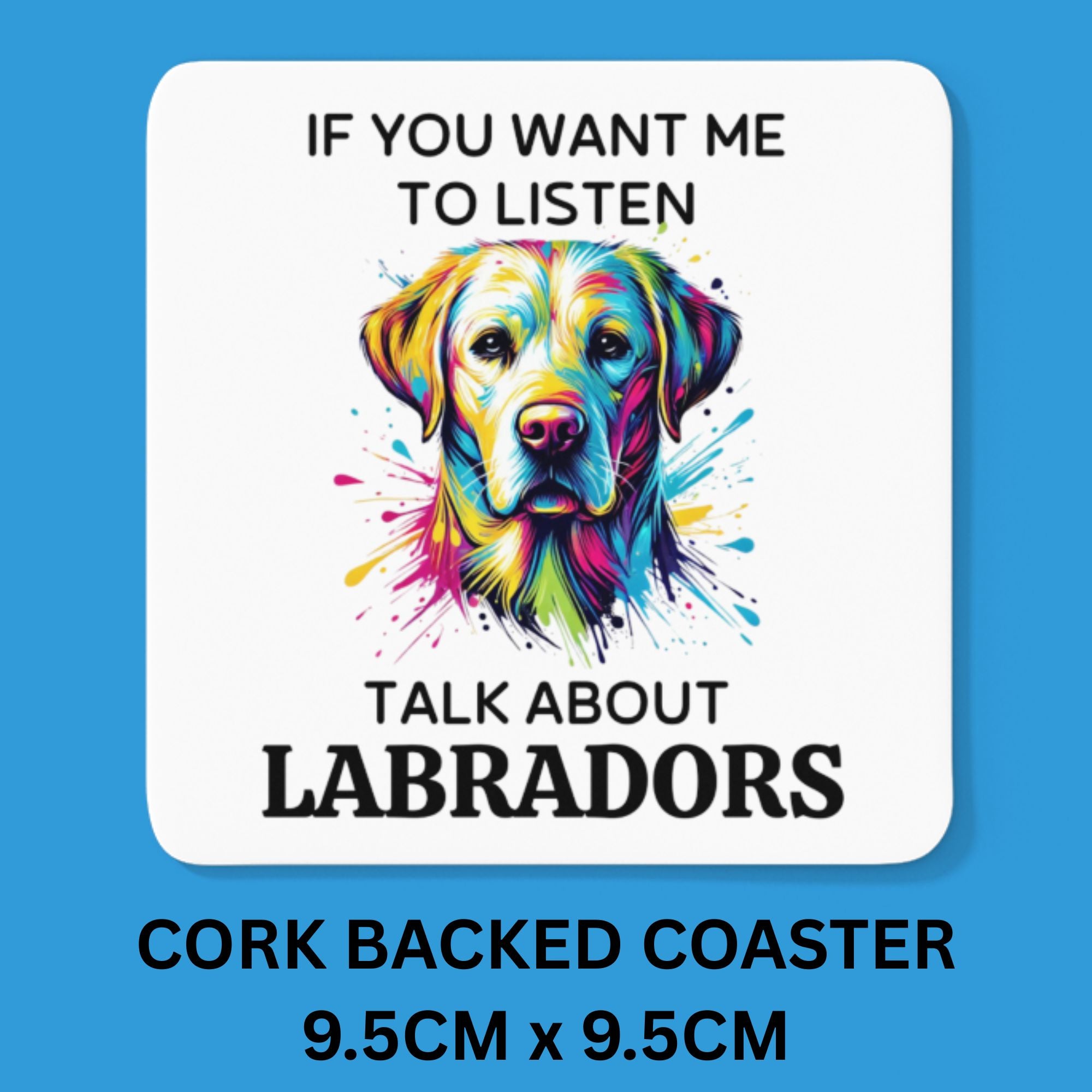 Colorful coaster with a dog illustration and text on a blue background