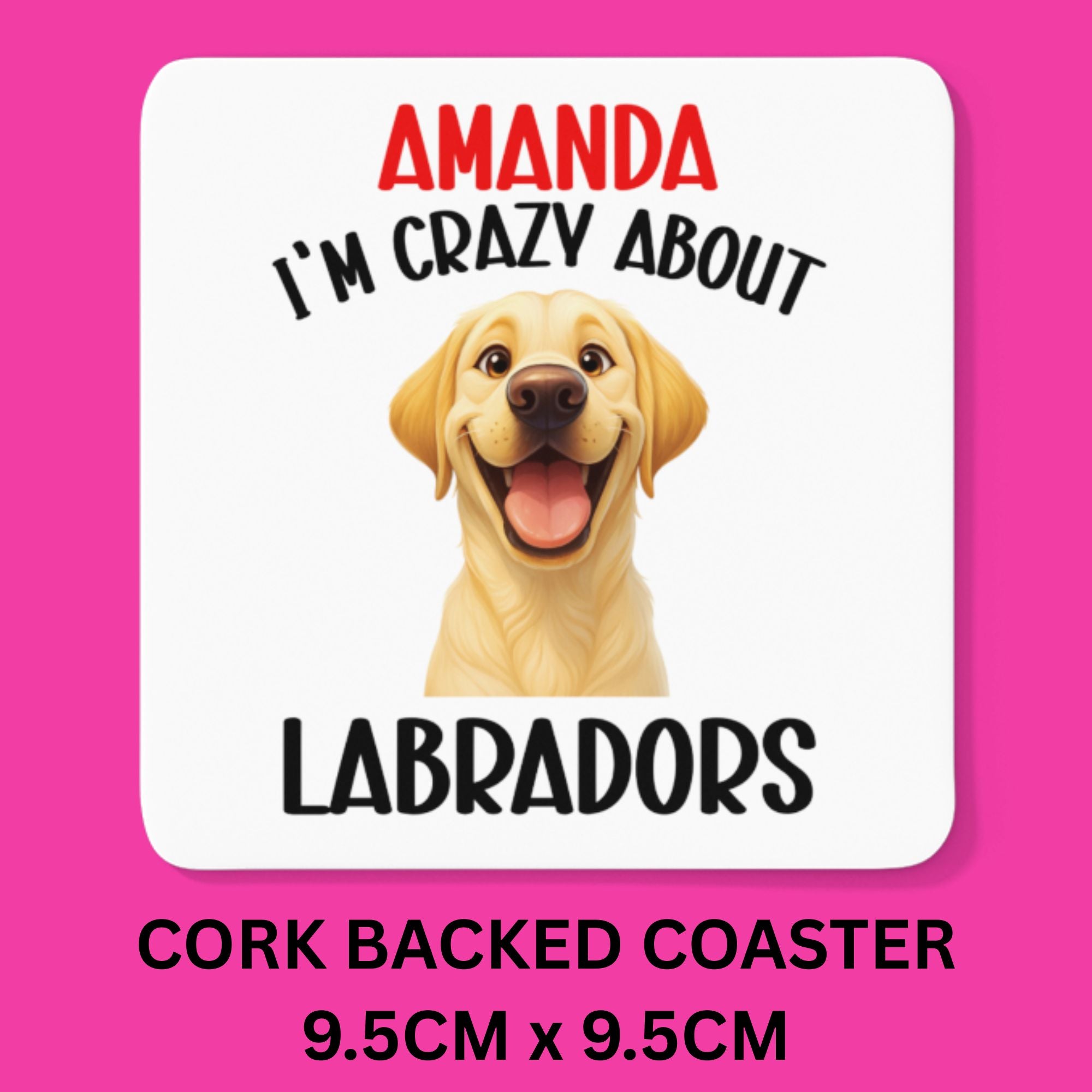 Cork backed coaster with a dog illustration and text on a pink background