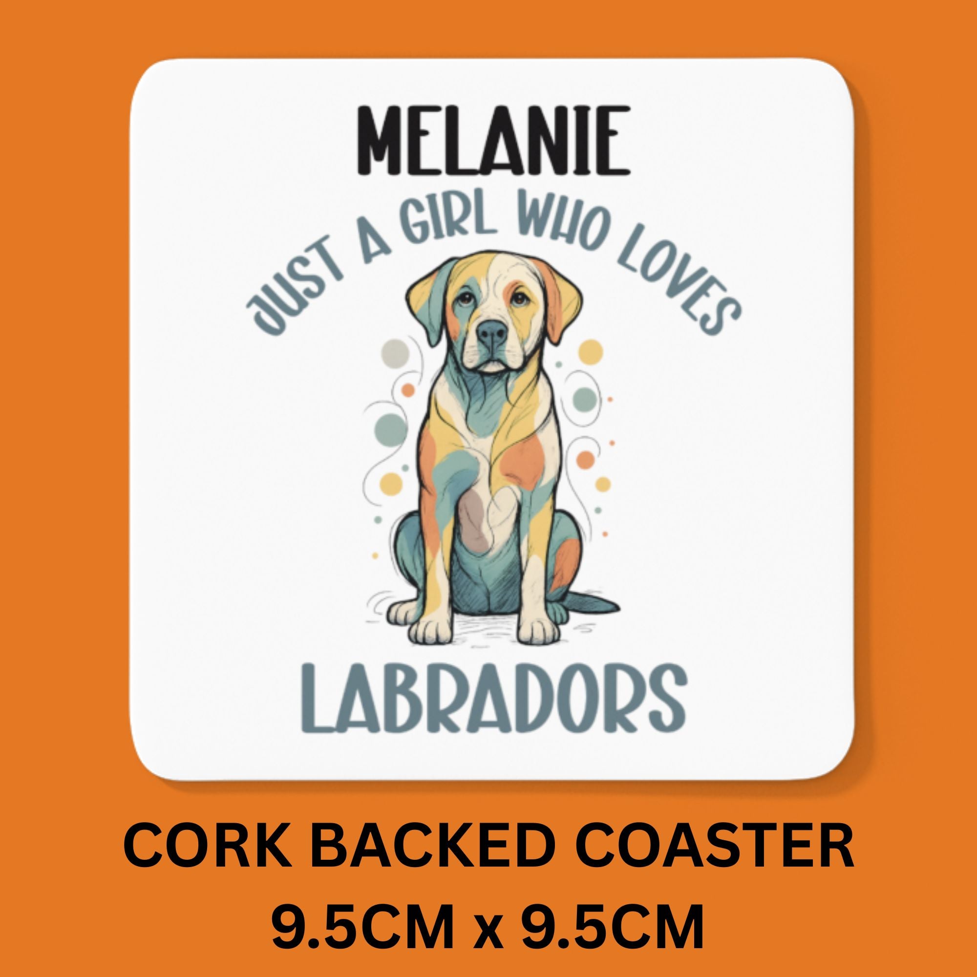 Cork backed coaster with a dog illustration and text on an orange background