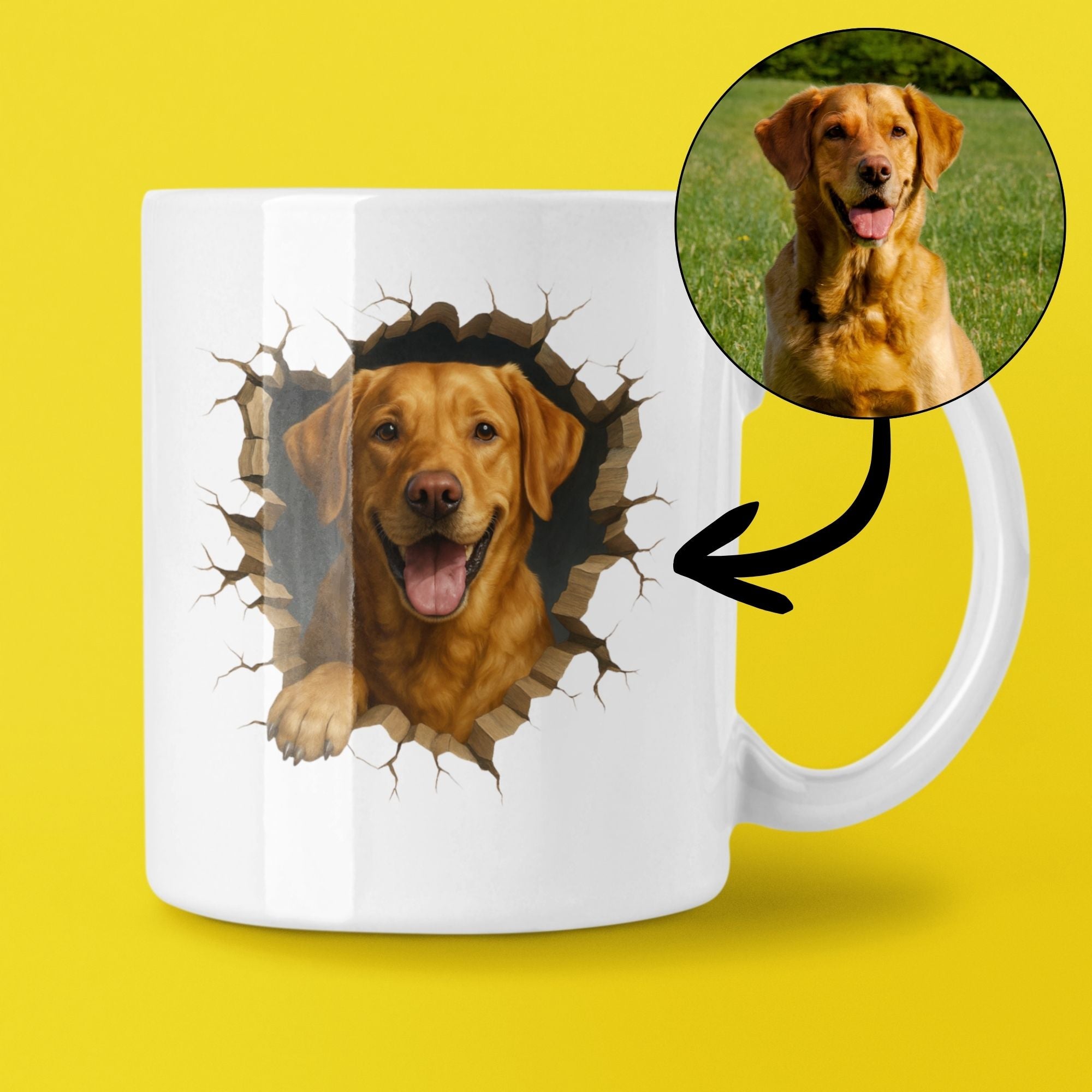 White mug with a dog peering through a 'broken' background, resembling a crack, on a yellow background.