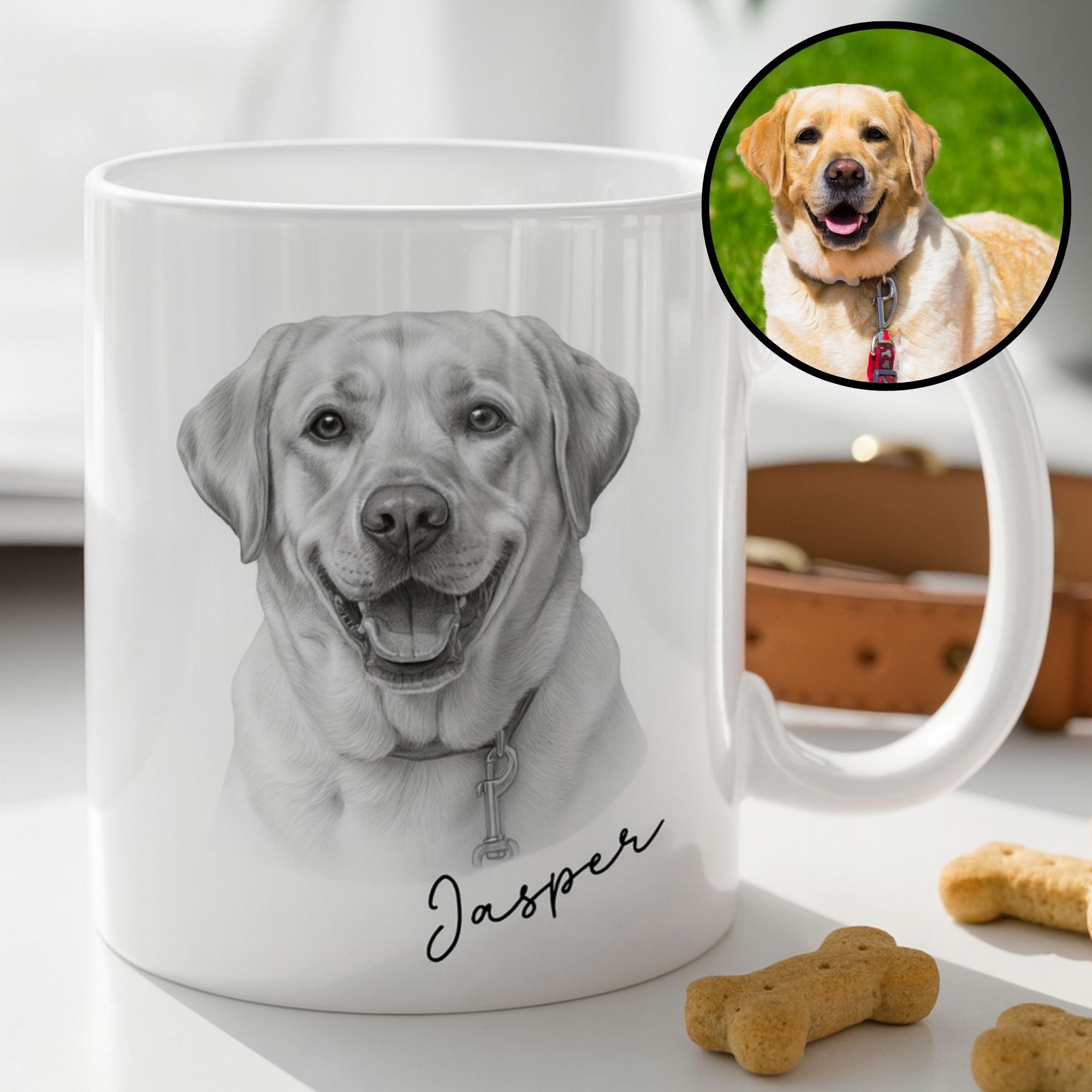 White mug with a dog's face printed on it, labeled 'Jasper', on a table with dog treats.