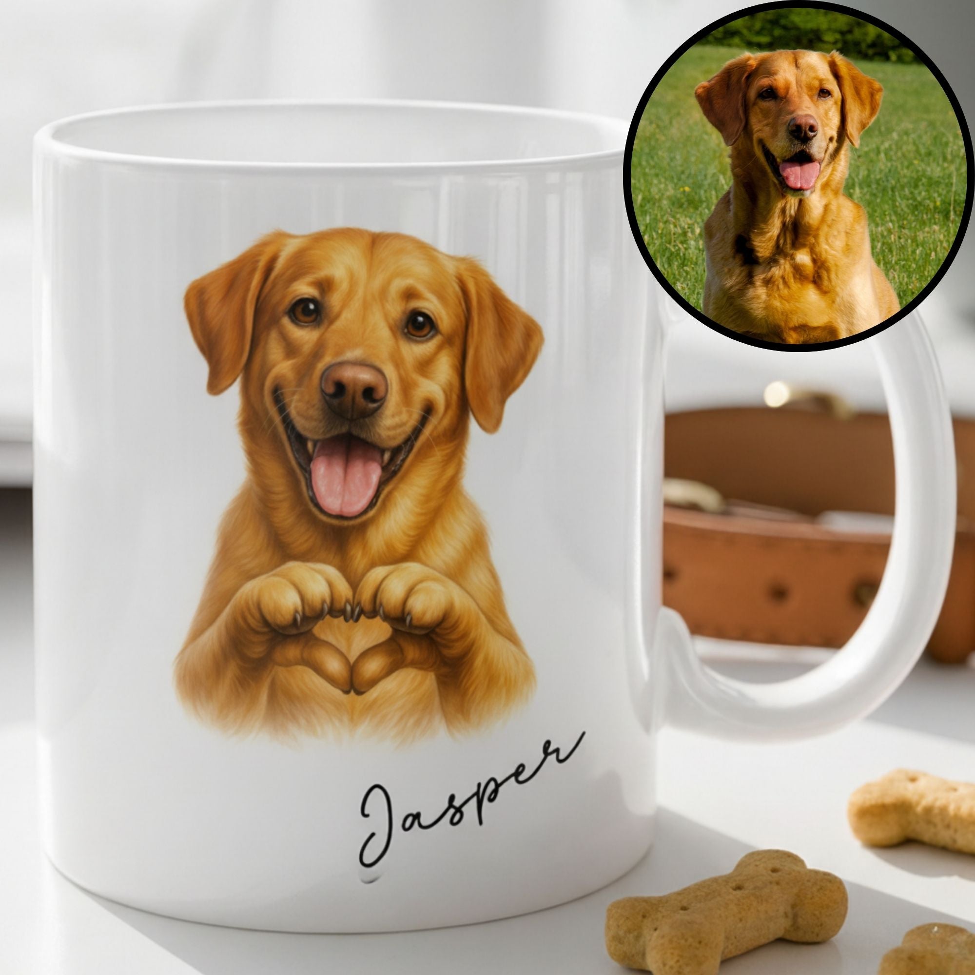 White mug with a dog illustration and 'Jasper' text, surrounded by dog treats on a light surface.