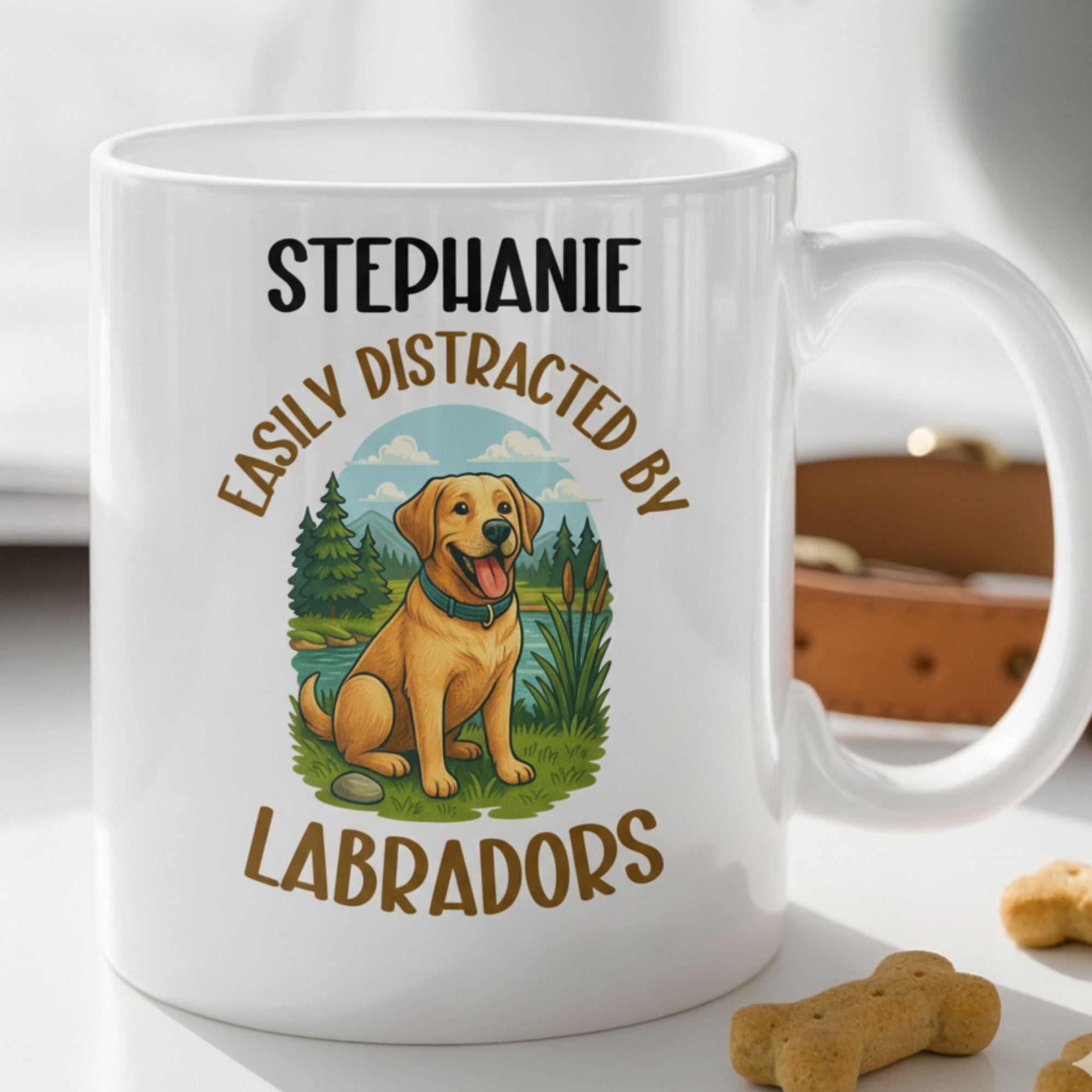 White mug with a Labrador illustration and text on a white background