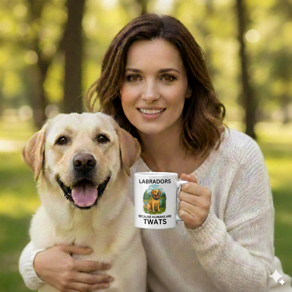 Woman holding a mug with a dog graphic and text, standing outdoors with a dog.