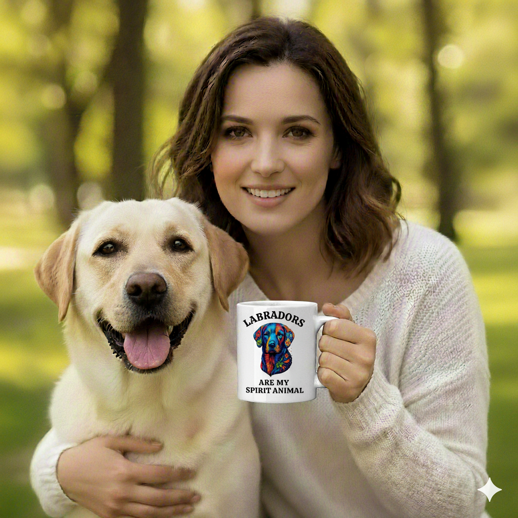Woman holding a mug with a Labrador and colorful text, standing in a forest.