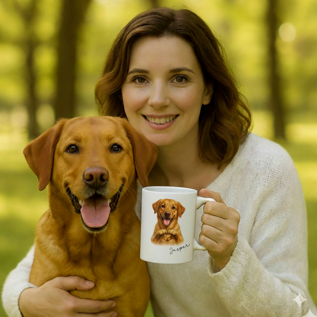 Woman holding a mug with a dog's face on it, standing in a forest.