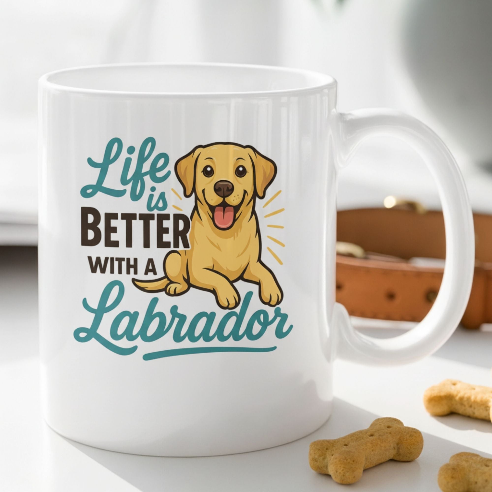 White mug with a Labrador design and text 'Life is better with a Labrador' on a light background.