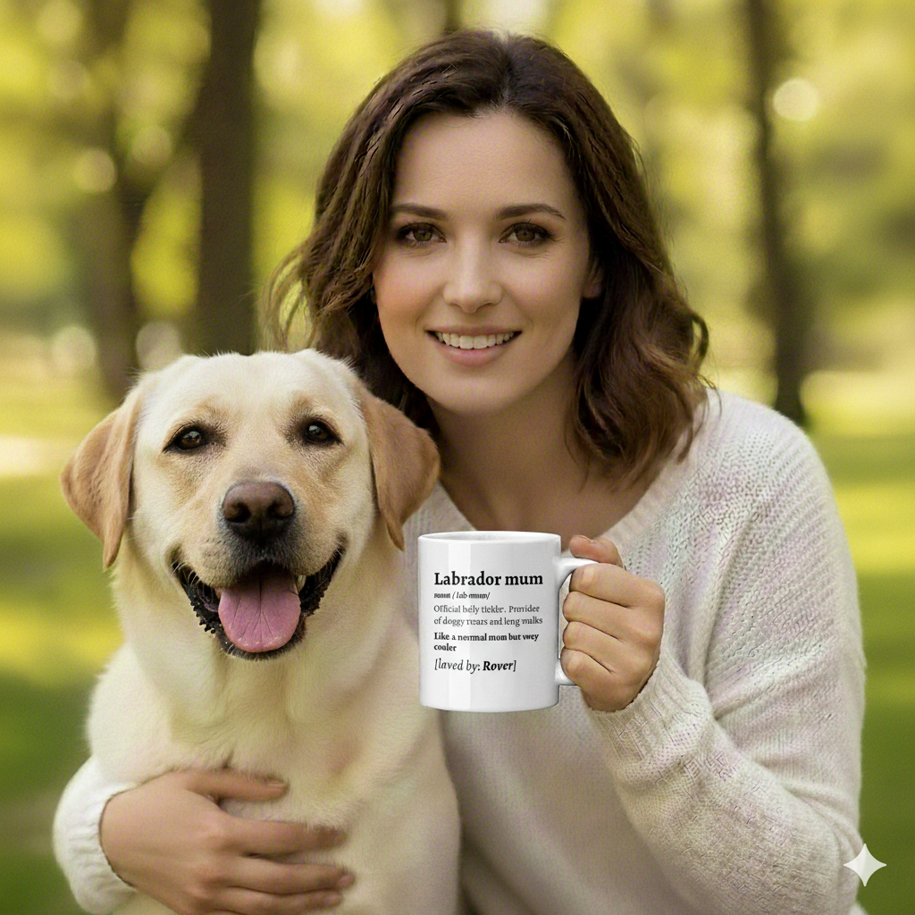 Woman holding a mug with a dog in a forest