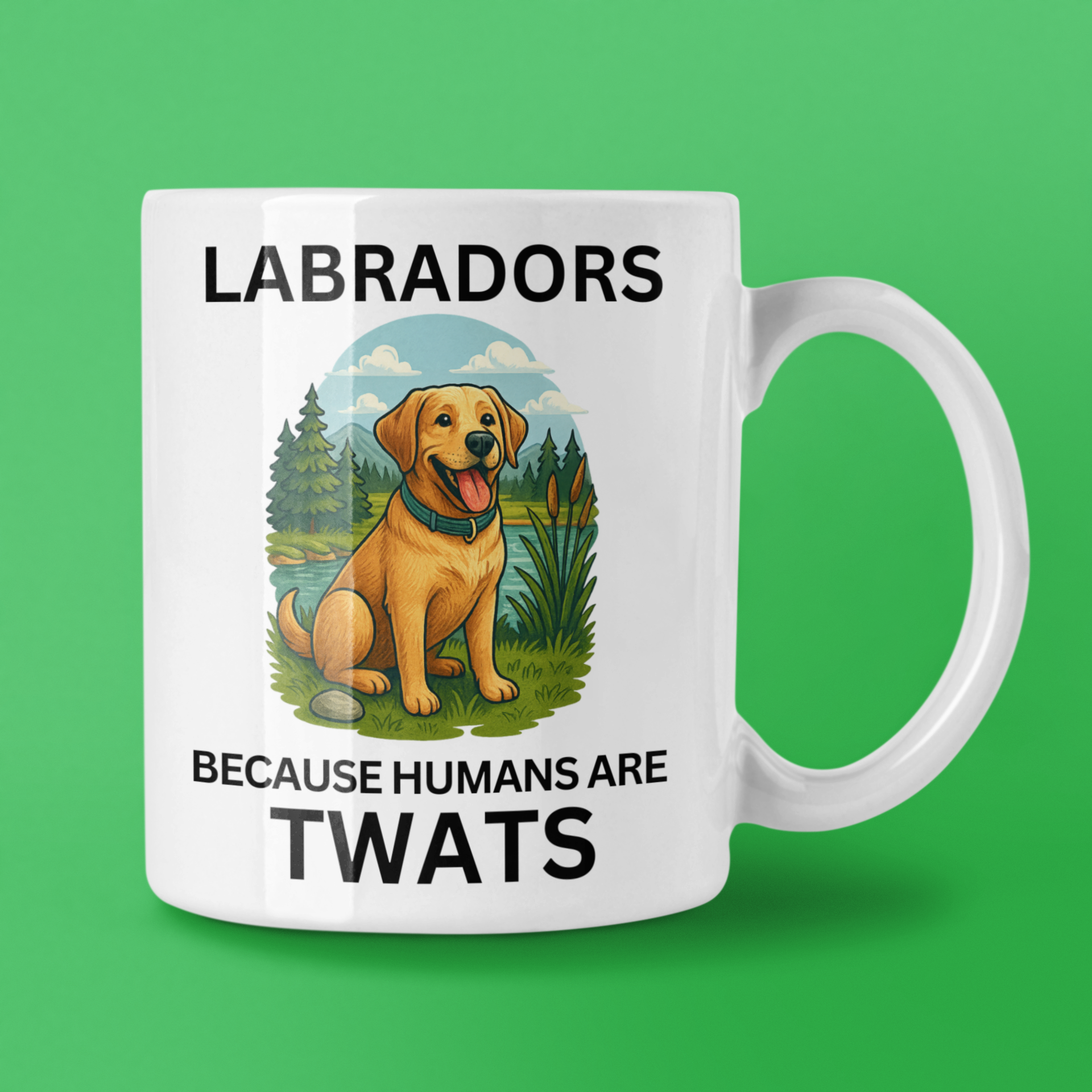Mug with a Labrador illustration and text on a green background