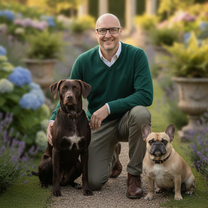 Man with two dogs in a garden setting with a gazebo in the background