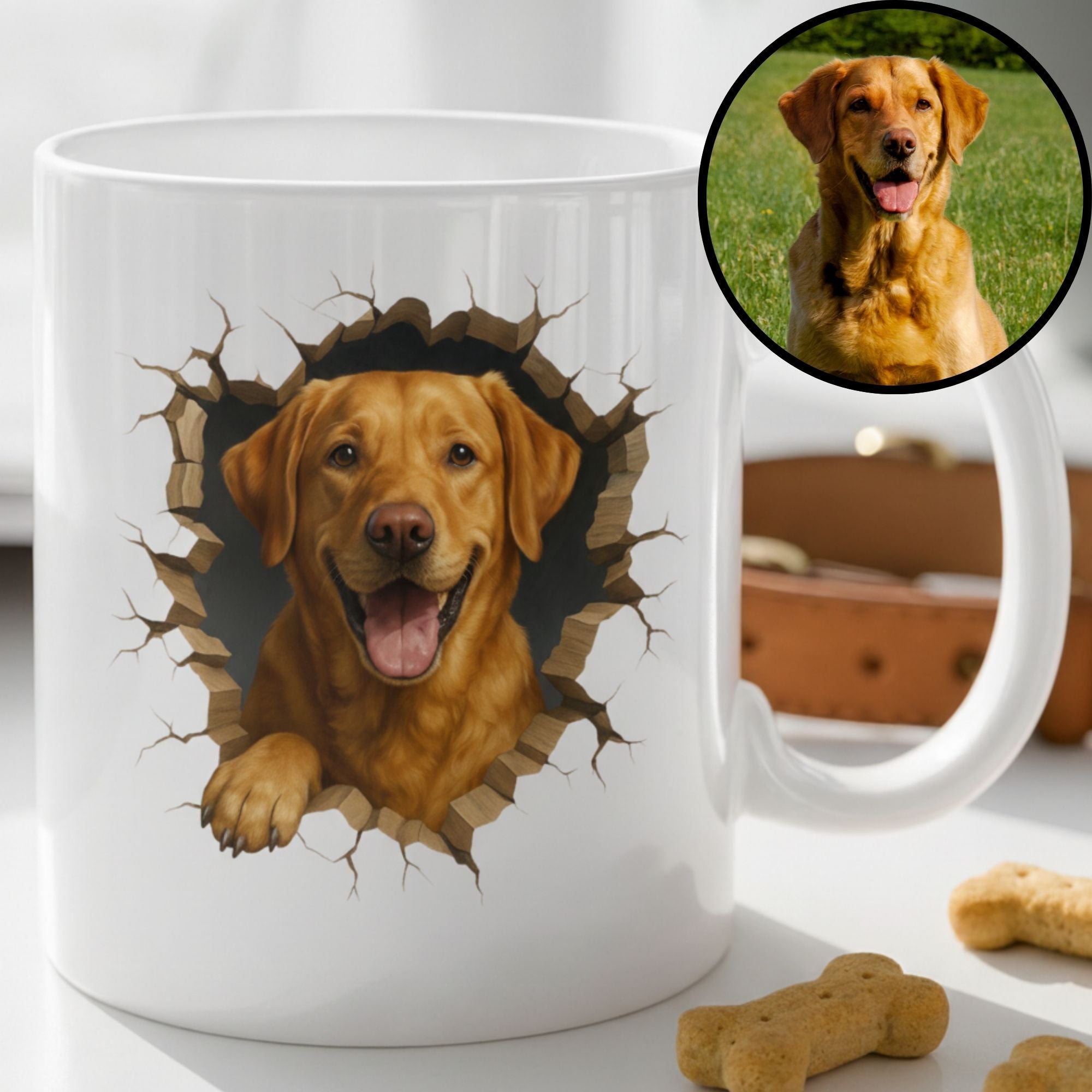 White mug with a dog peering through a cracked background, accompanied by a photo of a dog on grass.