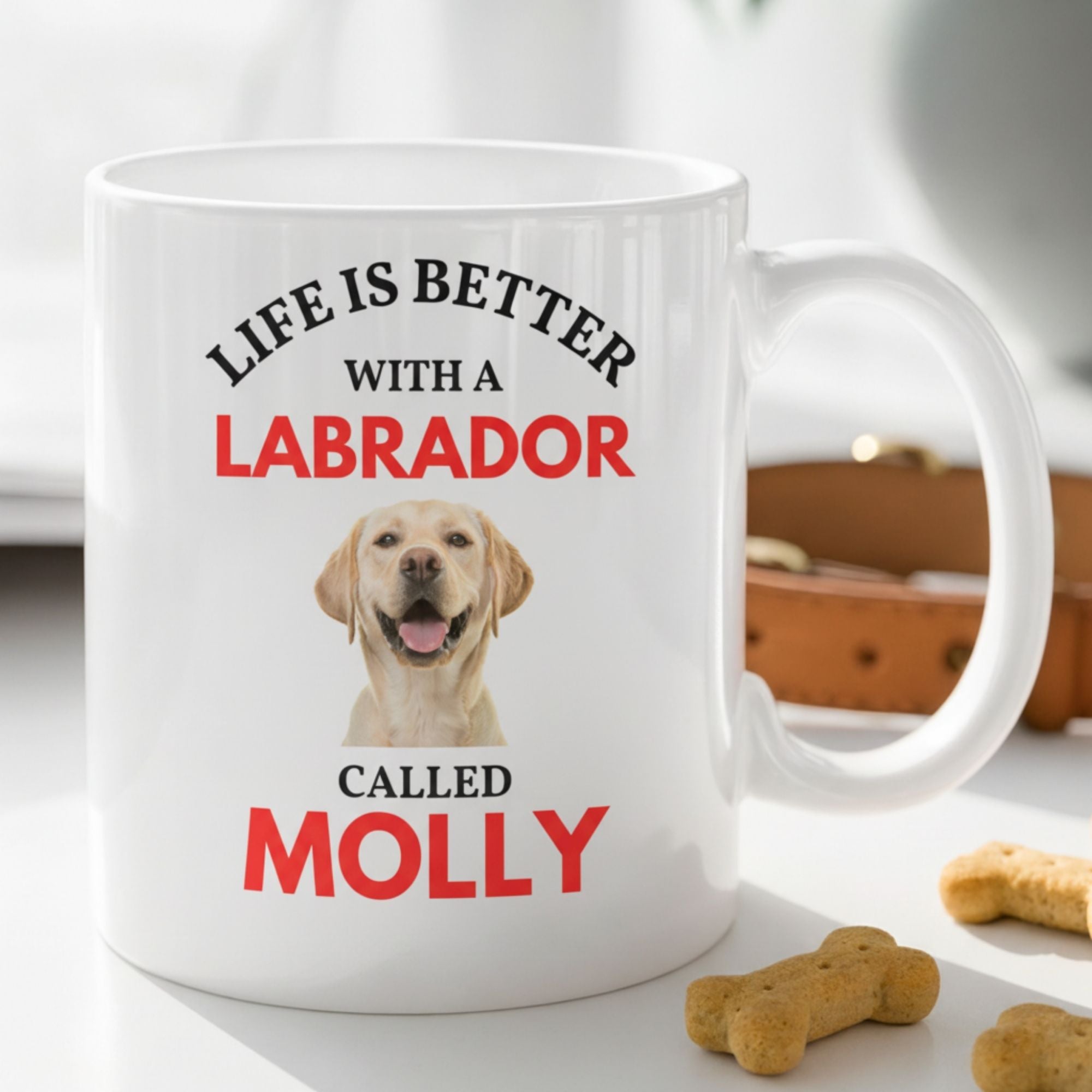 White mug with Labrador Retriever design and text 'Life is better with a Labrador called Molly' on a white surface.
