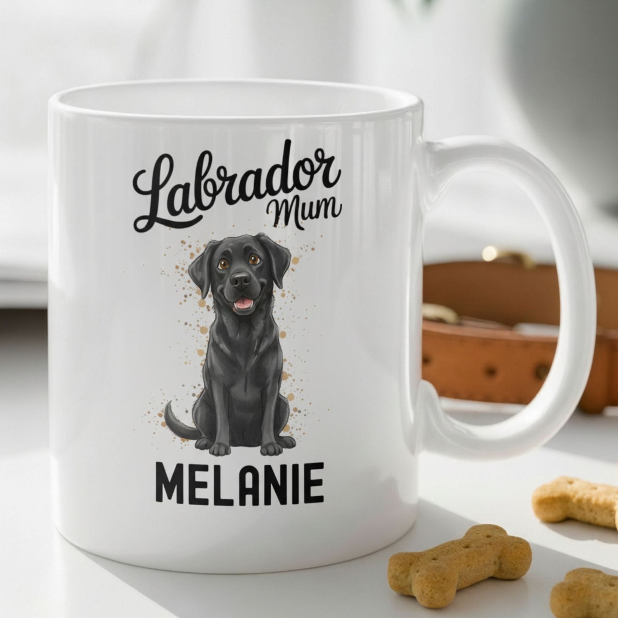 White mug with a black Labrador illustration and text 'Labrador Mum Melanie' on a light surface.