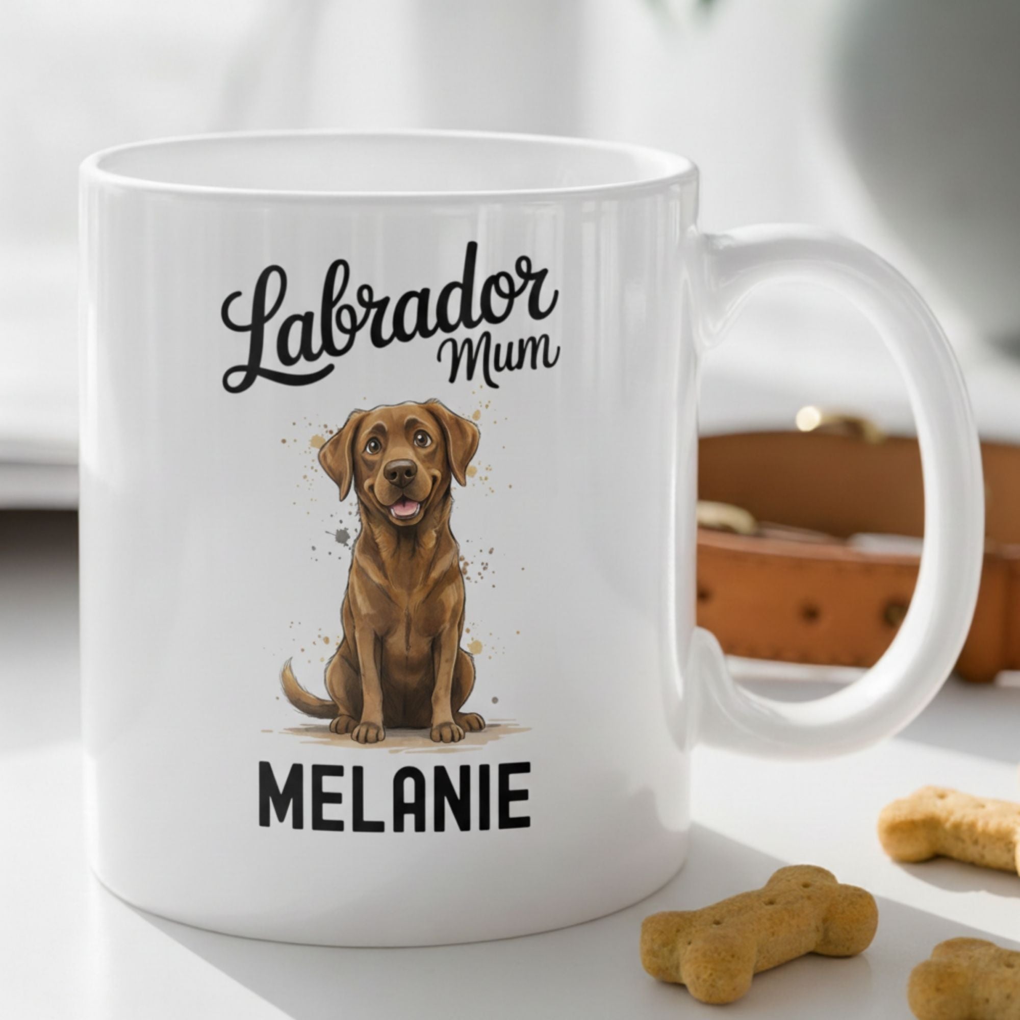 White mug with a Labrador illustration and text 'Labrador Mum Melanie' on a surface with dog treats.