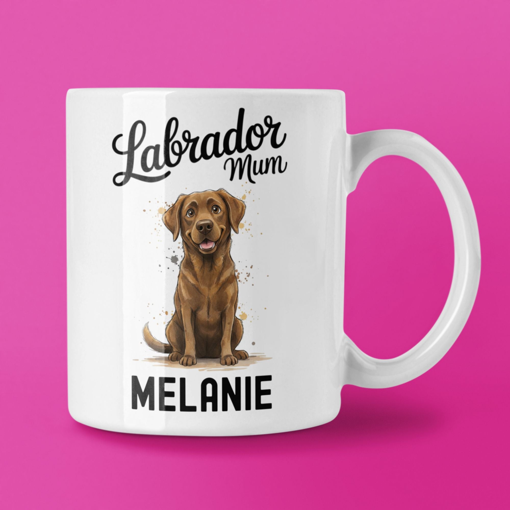 “White ceramic Labrador Mum mug featuring chocolate Labrador illustration and personalized name”

“Personalized dog lover coffee cup with chocolate Labrador design and custom name”