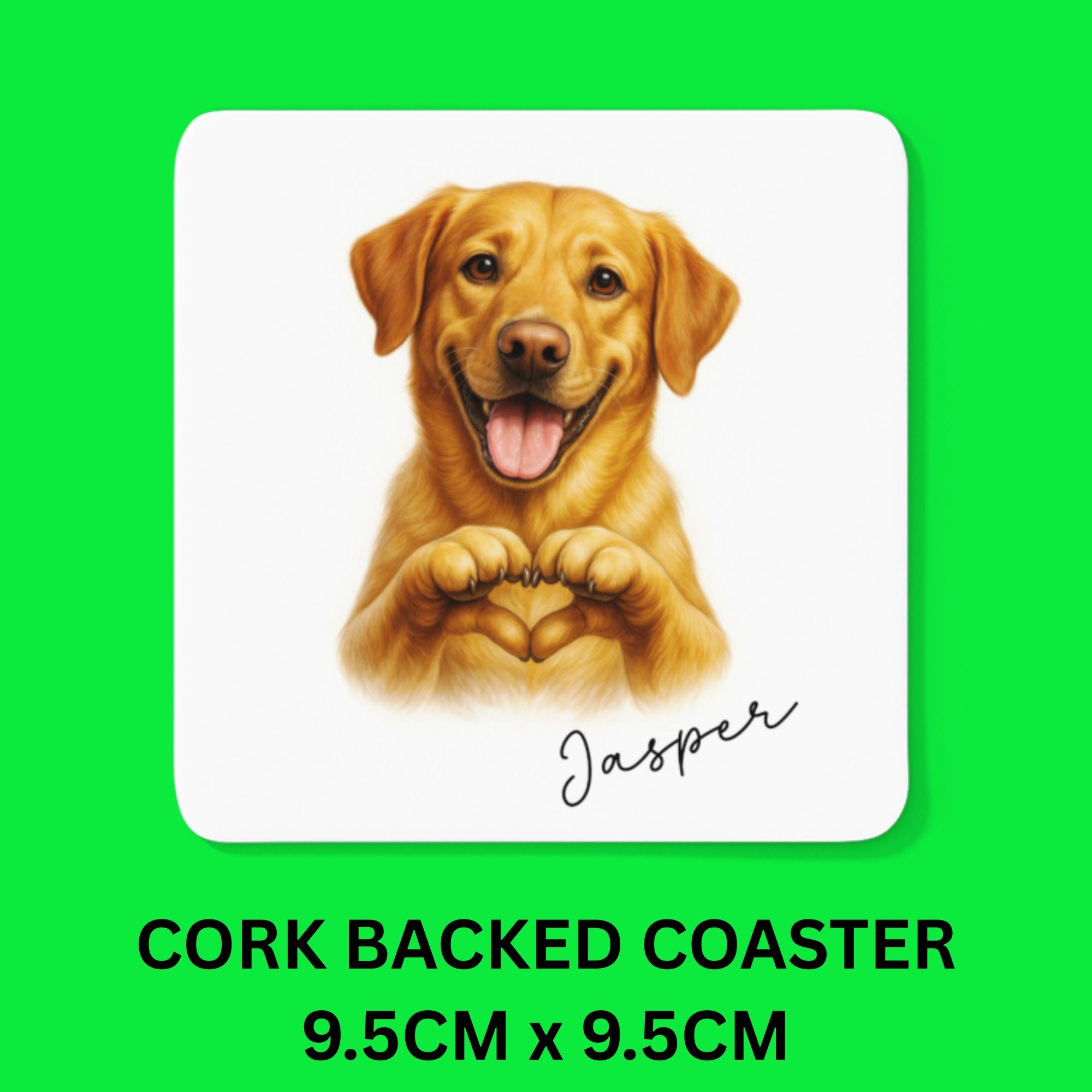 Cork backed coaster with a dog illustration and 'Jasper' text on a green background