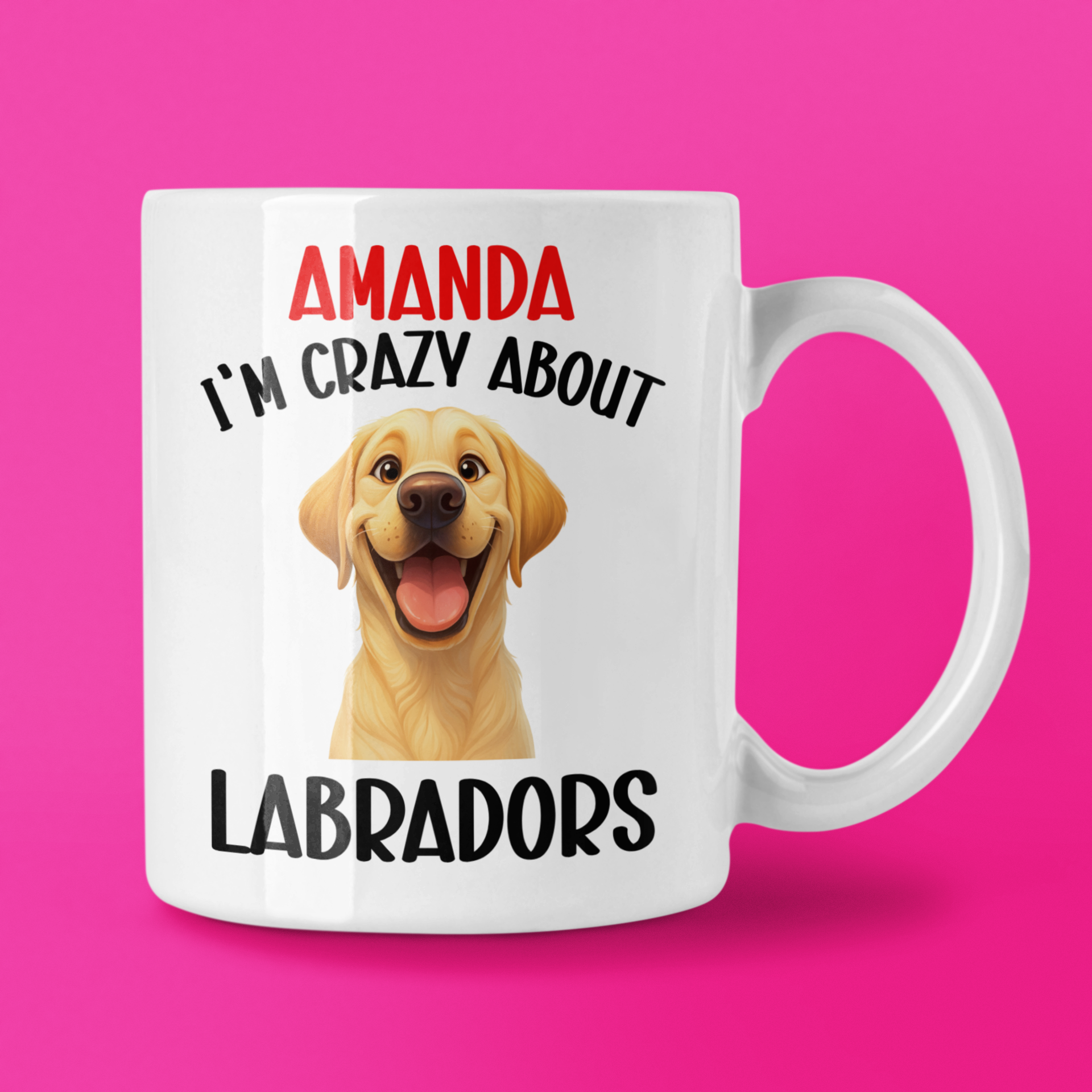 White mug with a Labrador and text on a pink background