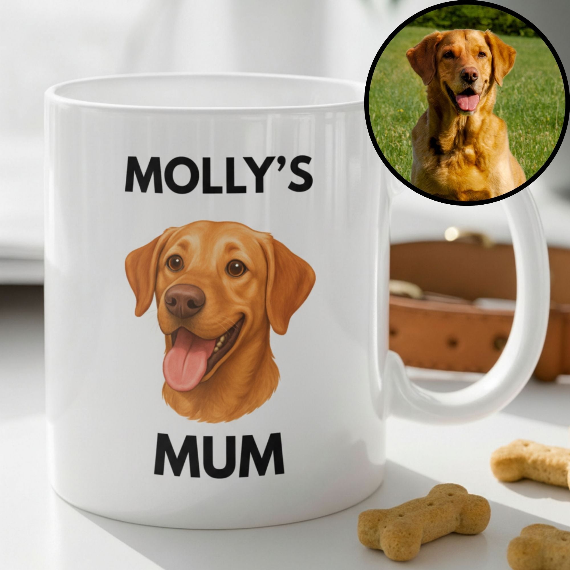 White mug with a dog illustration and 'Molly's Mum' text, surrounded by dog treats and a circular inset of a golden retriever.