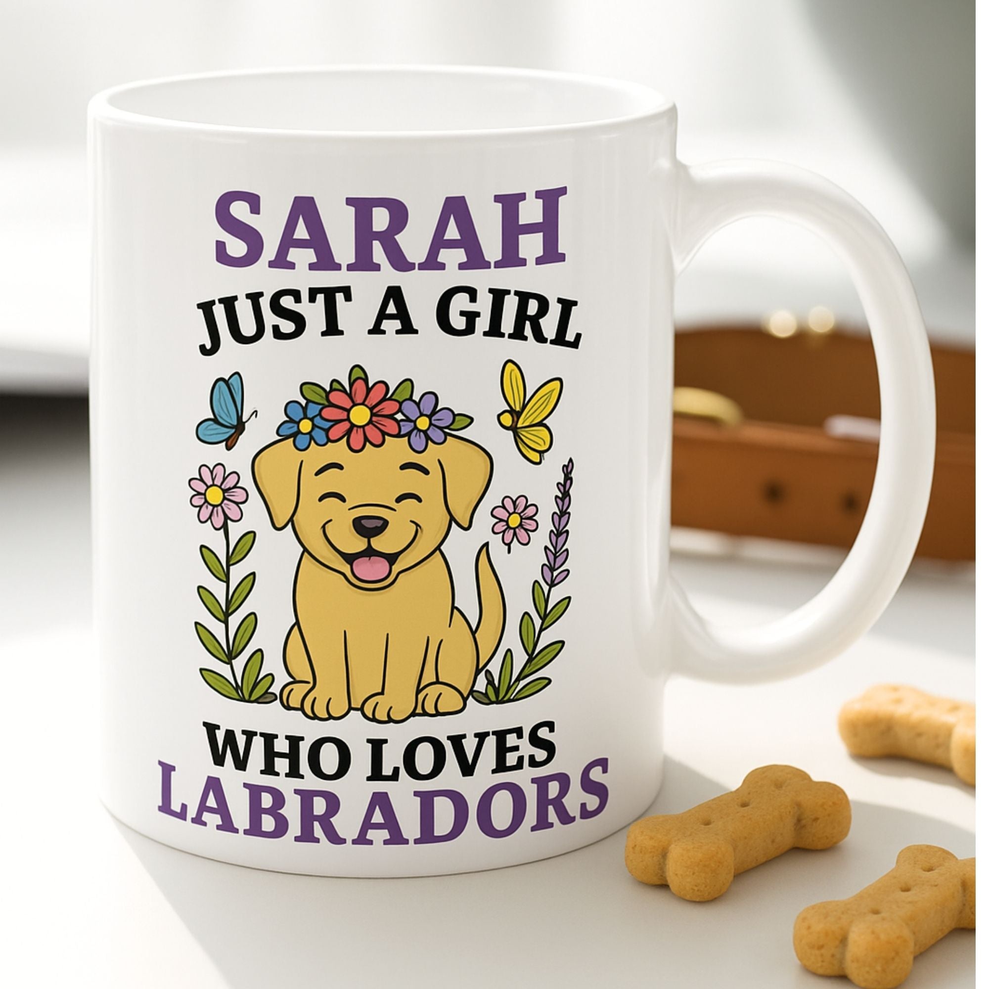 White mug with a design of a yellow labrador, flowers, and text on a white background.