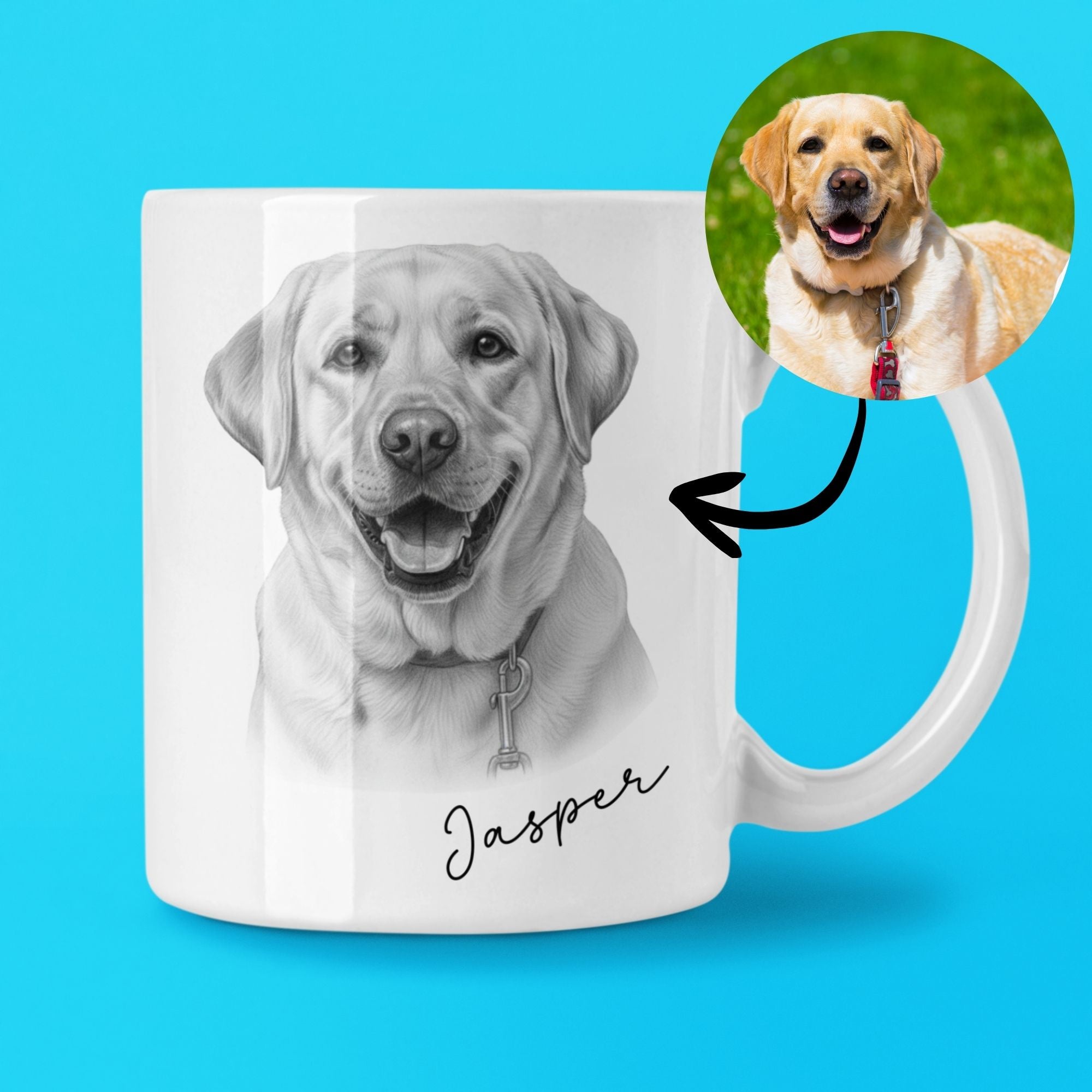 “White ceramic custom dog portrait mug with realistic sketch and personalized dog name”

“Personalized pet photo mug featuring dog portrait and custom name design”