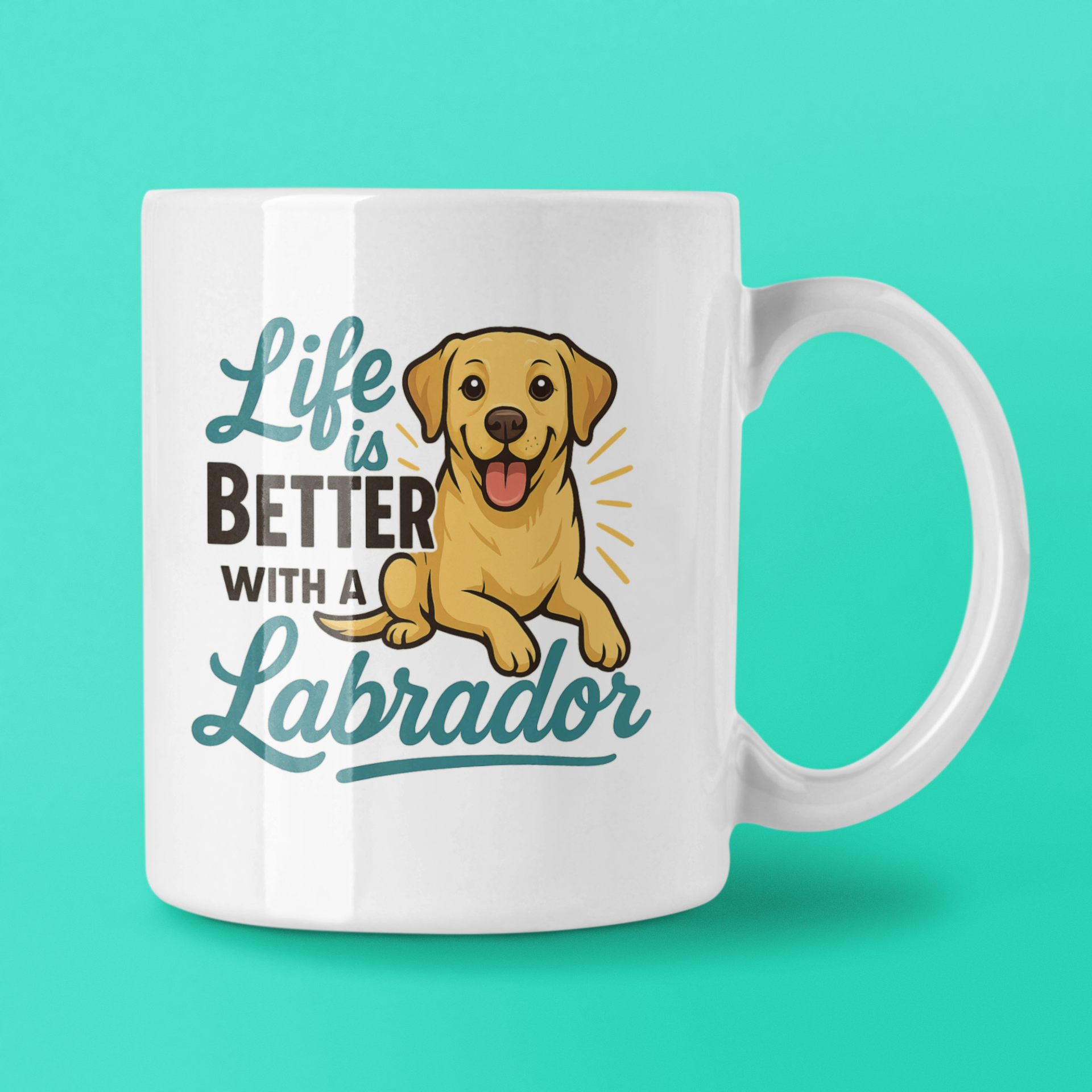 White mug with a Labrador illustration and text on a teal background