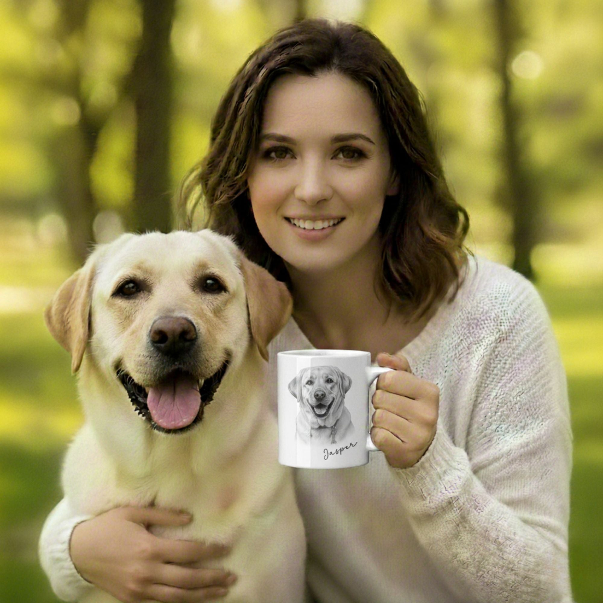 Woman holding a mug with a dog's face on it, standing next to a happy dog in a forest.