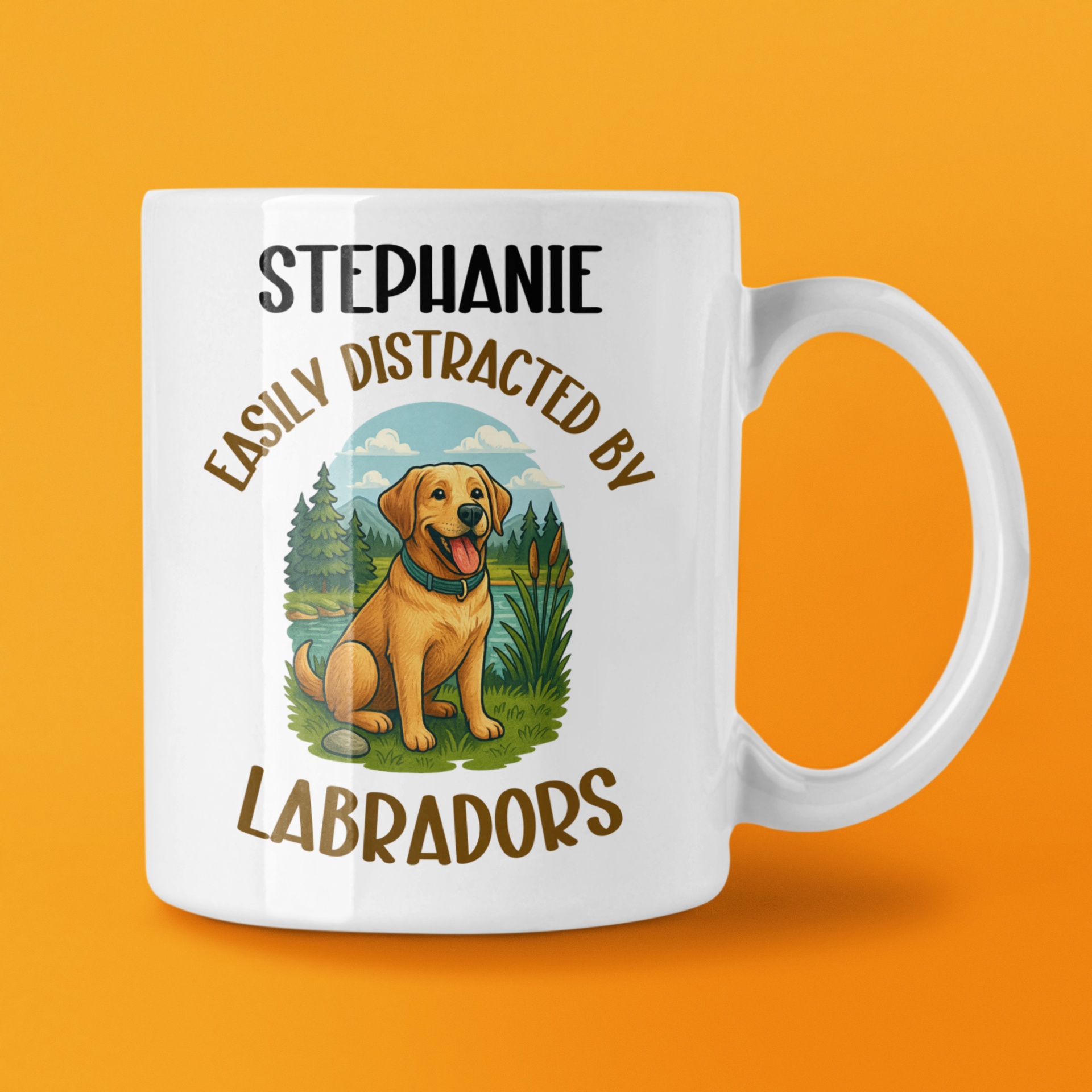 White mug with a Labrador illustration and text on an orange background