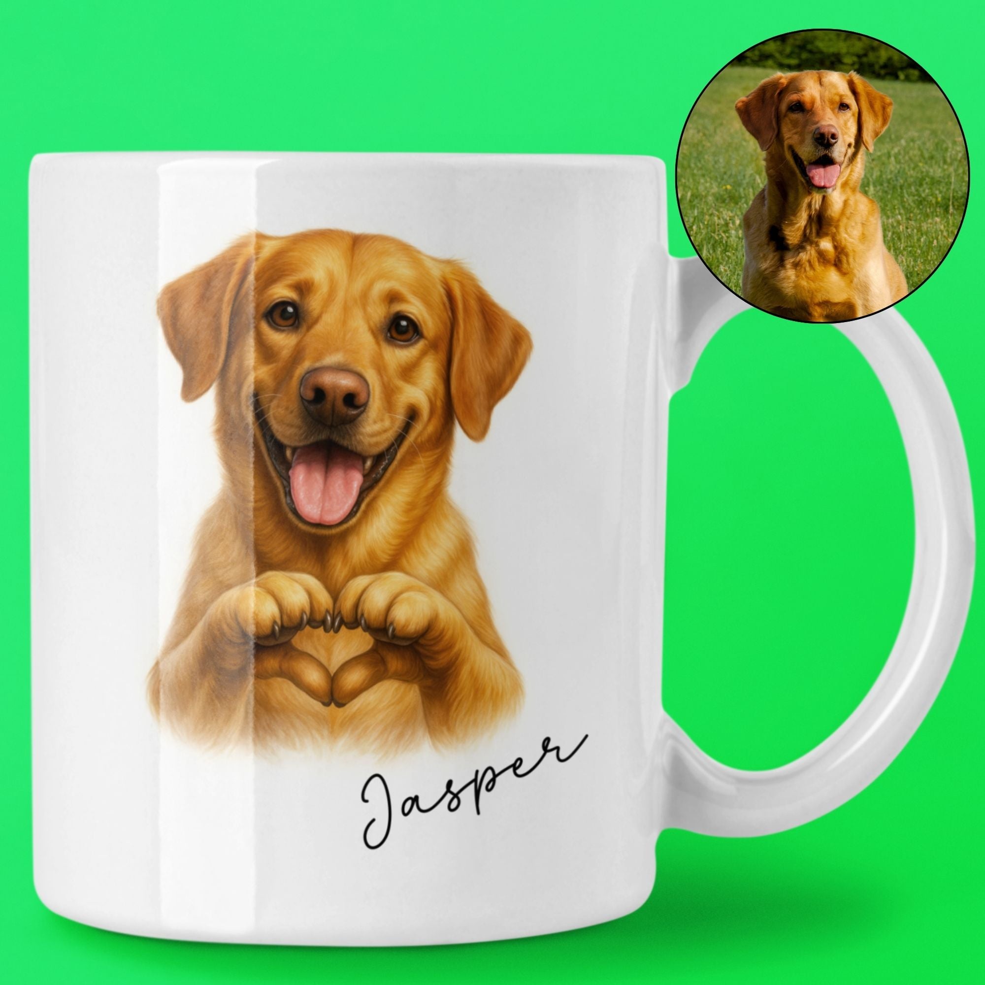 White mug with a brown dog design and 'Jasper' text on a green background