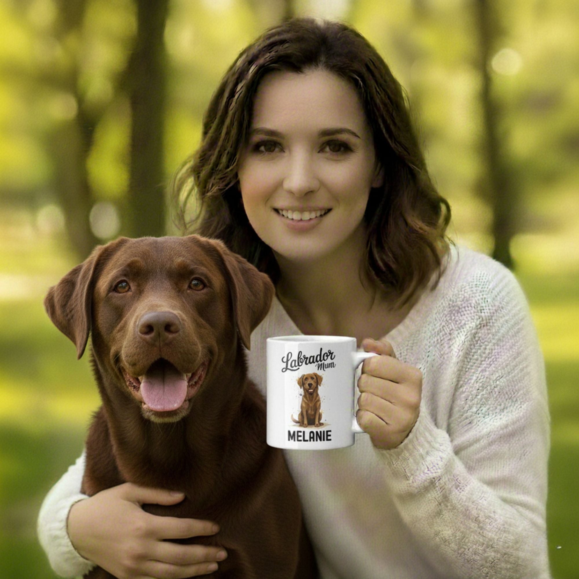 Woman holding a brown dog and a mug with a Labrador illustration in a forest setting