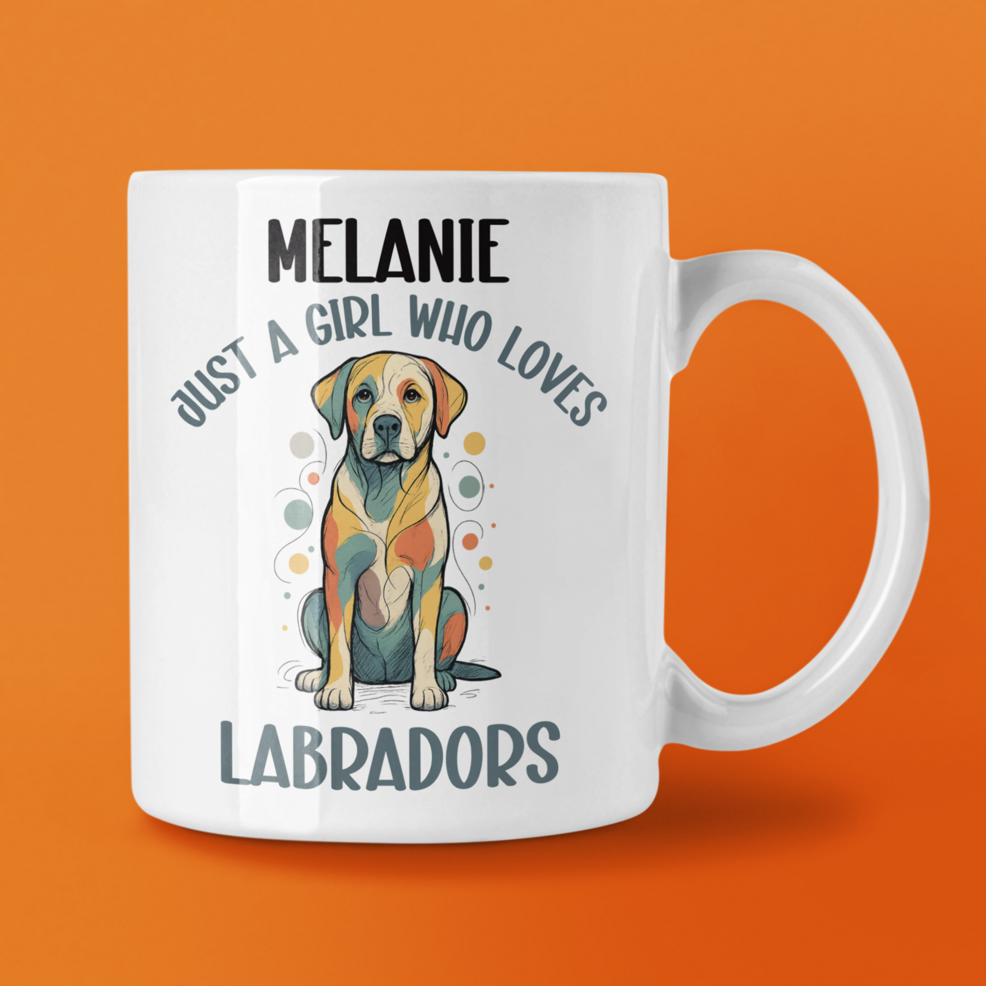 Mug with a colorful illustration of a Labrador and text on an orange background