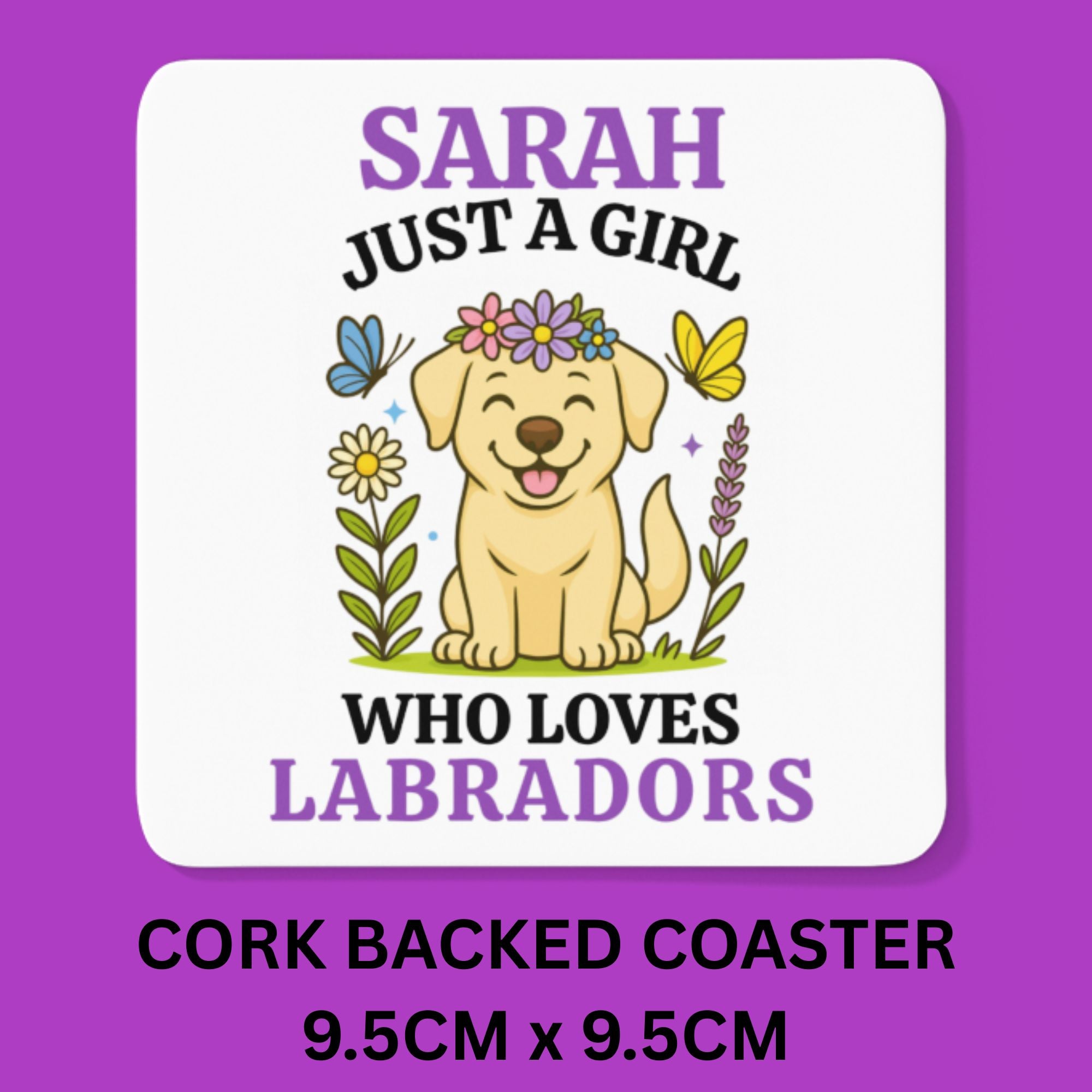 Cork backed coaster with a dog illustration and text on a purple background