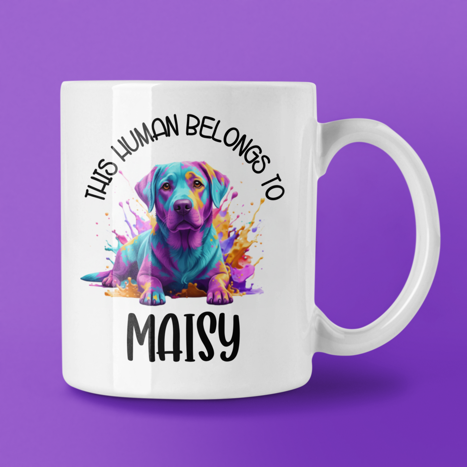 Mug with colorful dog illustration and text on a purple background