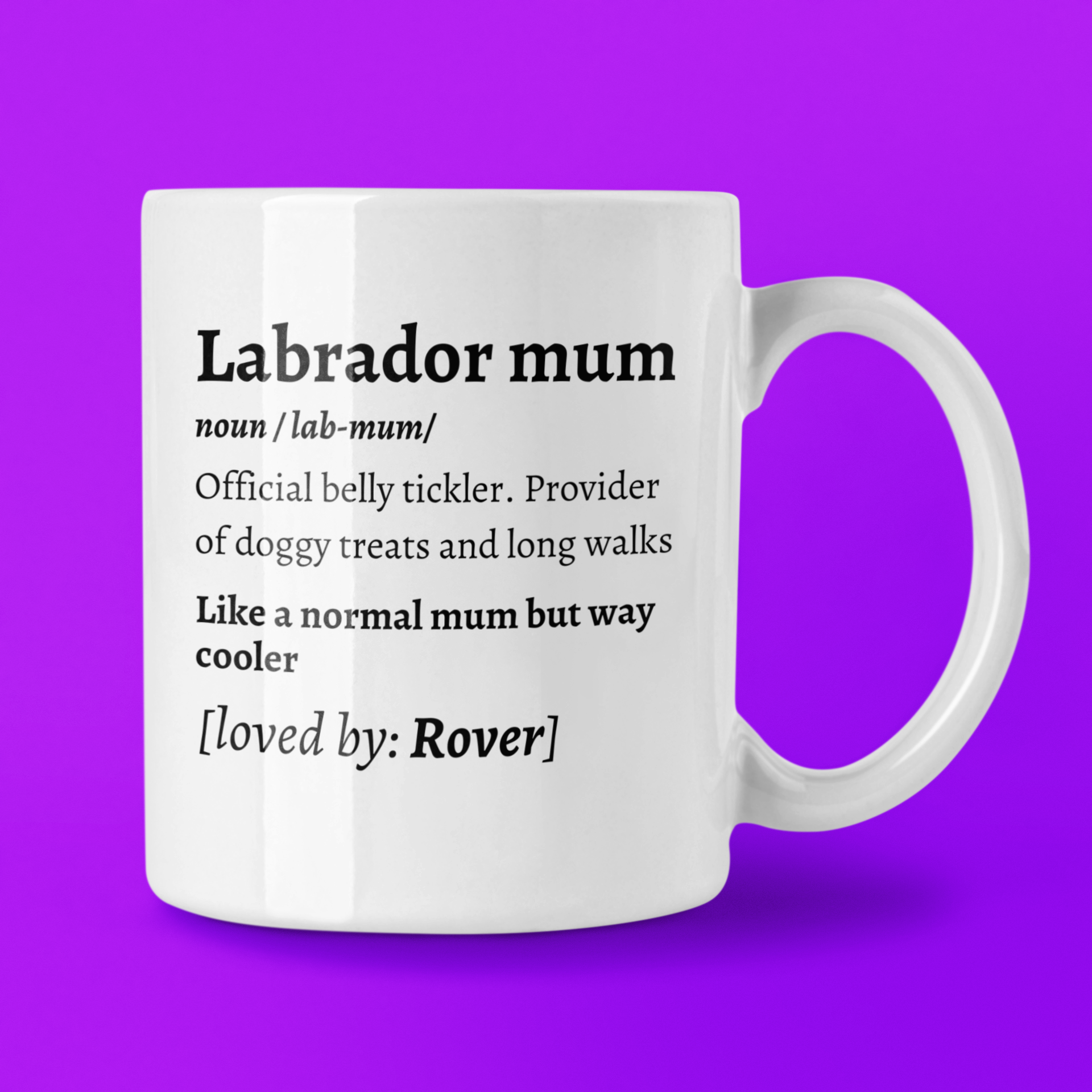 White ceramic Labrador mum mug with funny dictionary definition design”

“Personalized coffee cup for dog mums with Labrador definition and custom dog name”