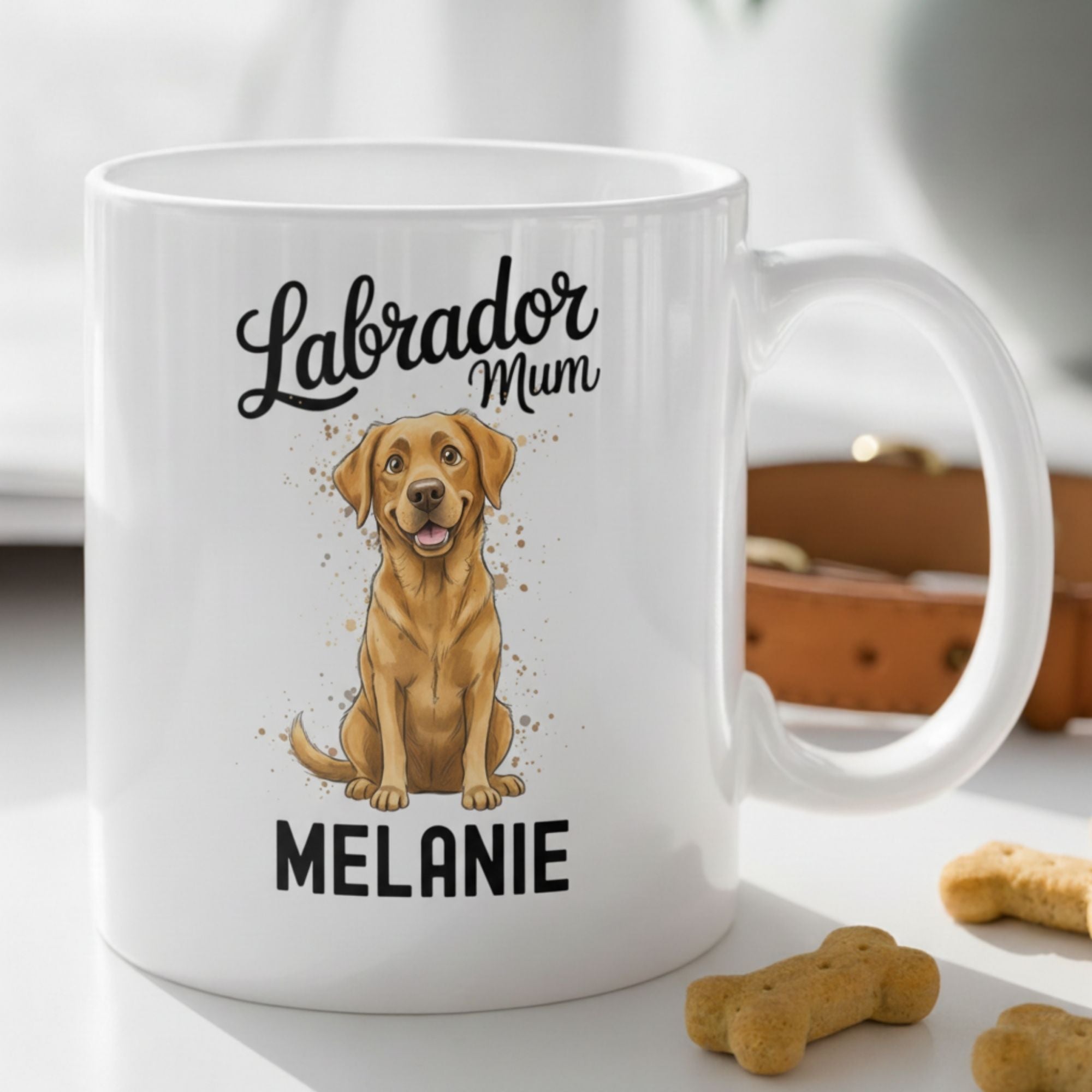 White mug with a Labrador illustration and text 'Labrador Mum Melanie' on a surface with dog treats.