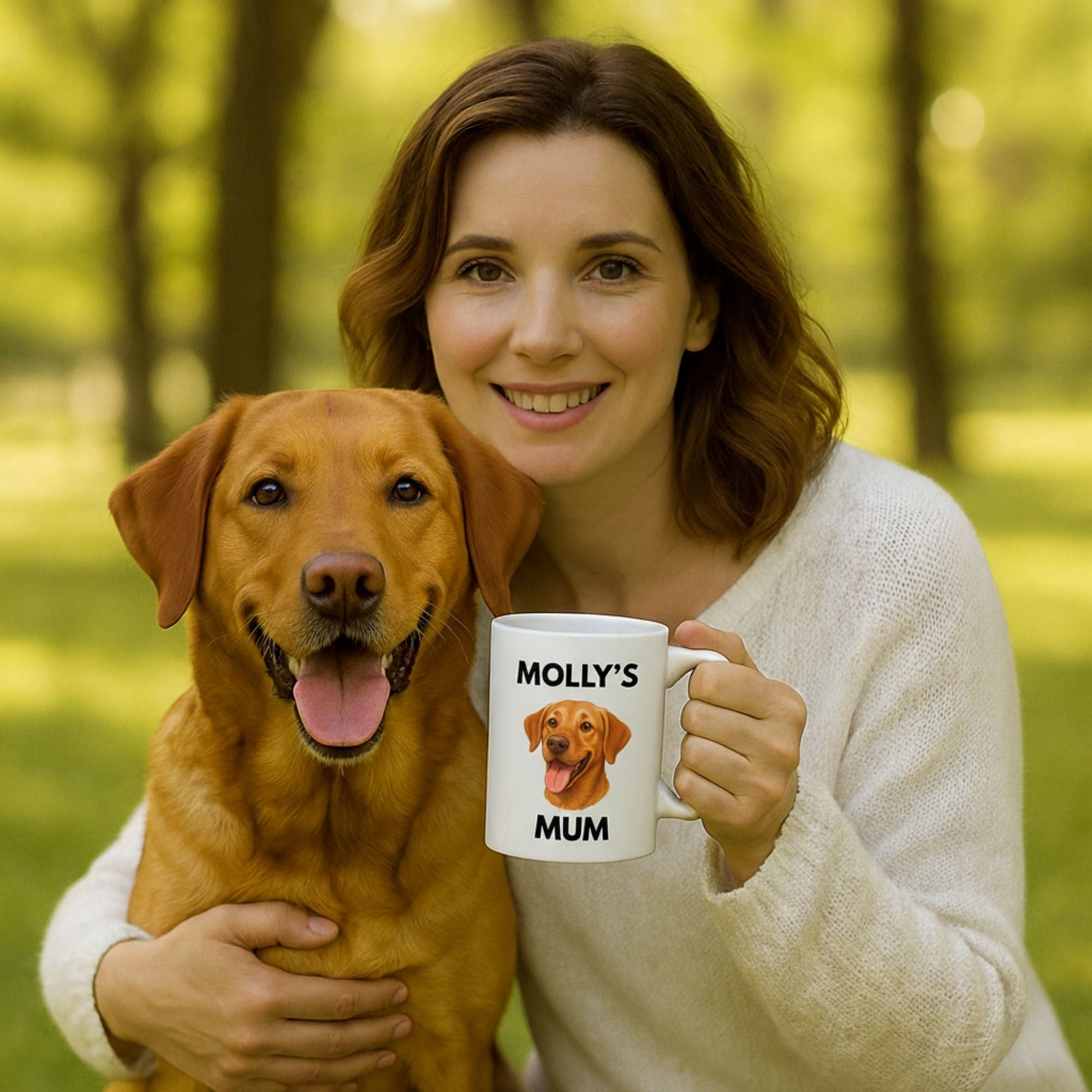 Woman holding a mug with a dog's picture and text, standing outdoors with a dog.