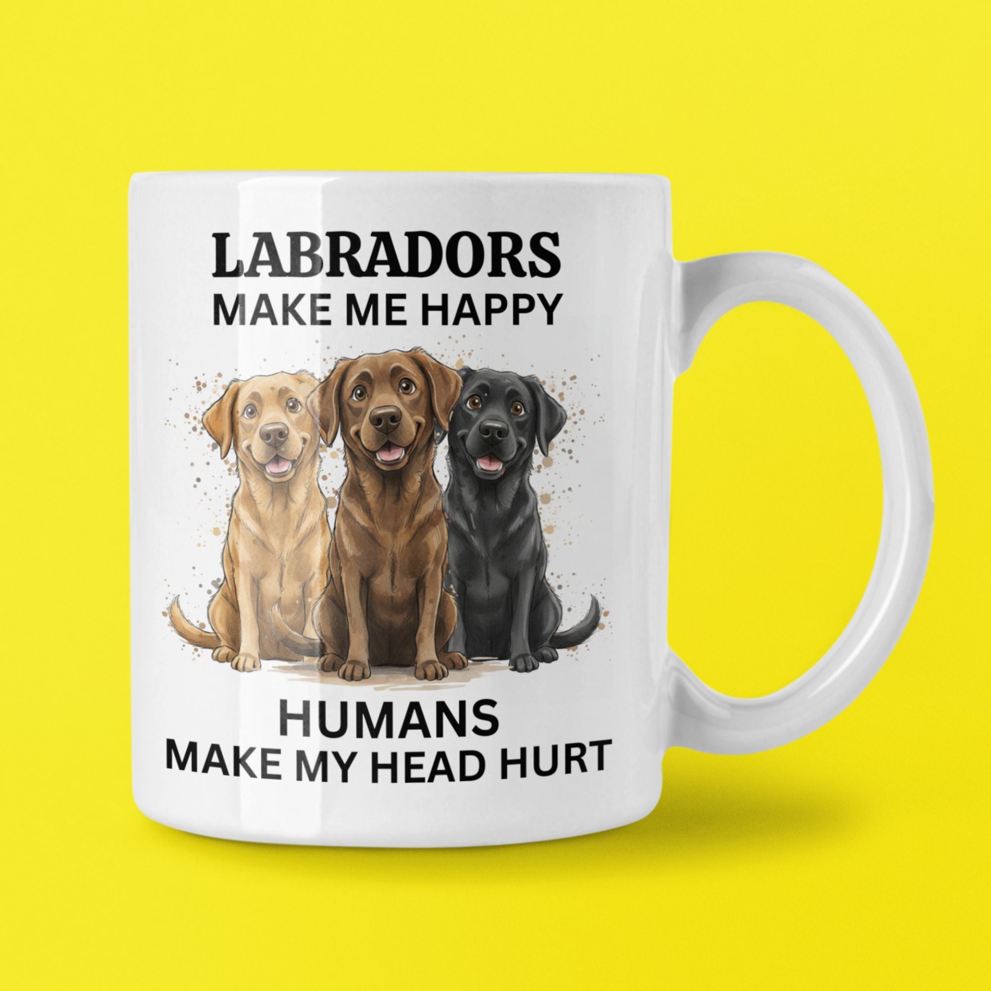 Mug with three Labrador illustrations and text on a yellow background