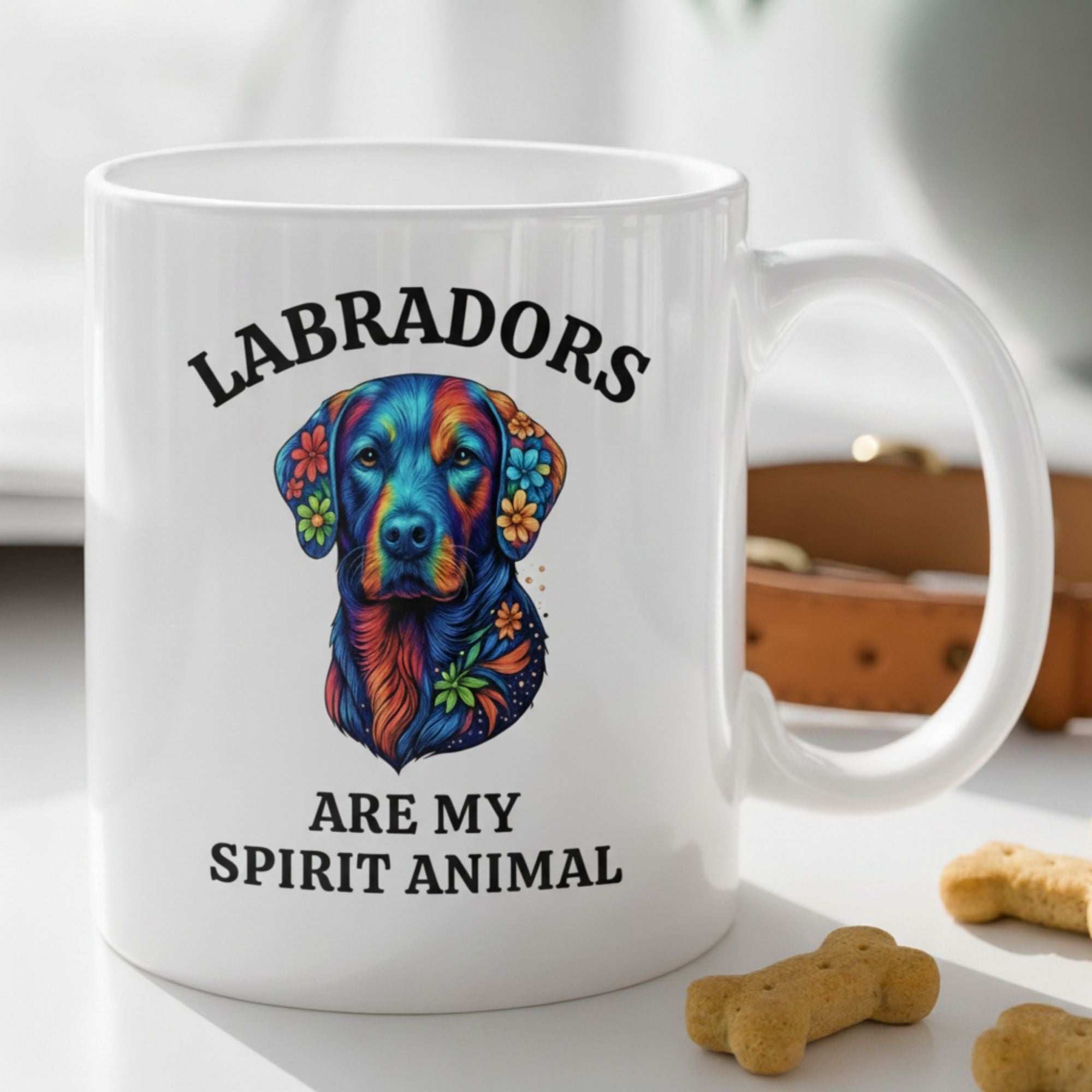 White mug with colorful Labrador design and text on a light surface with dog treats.