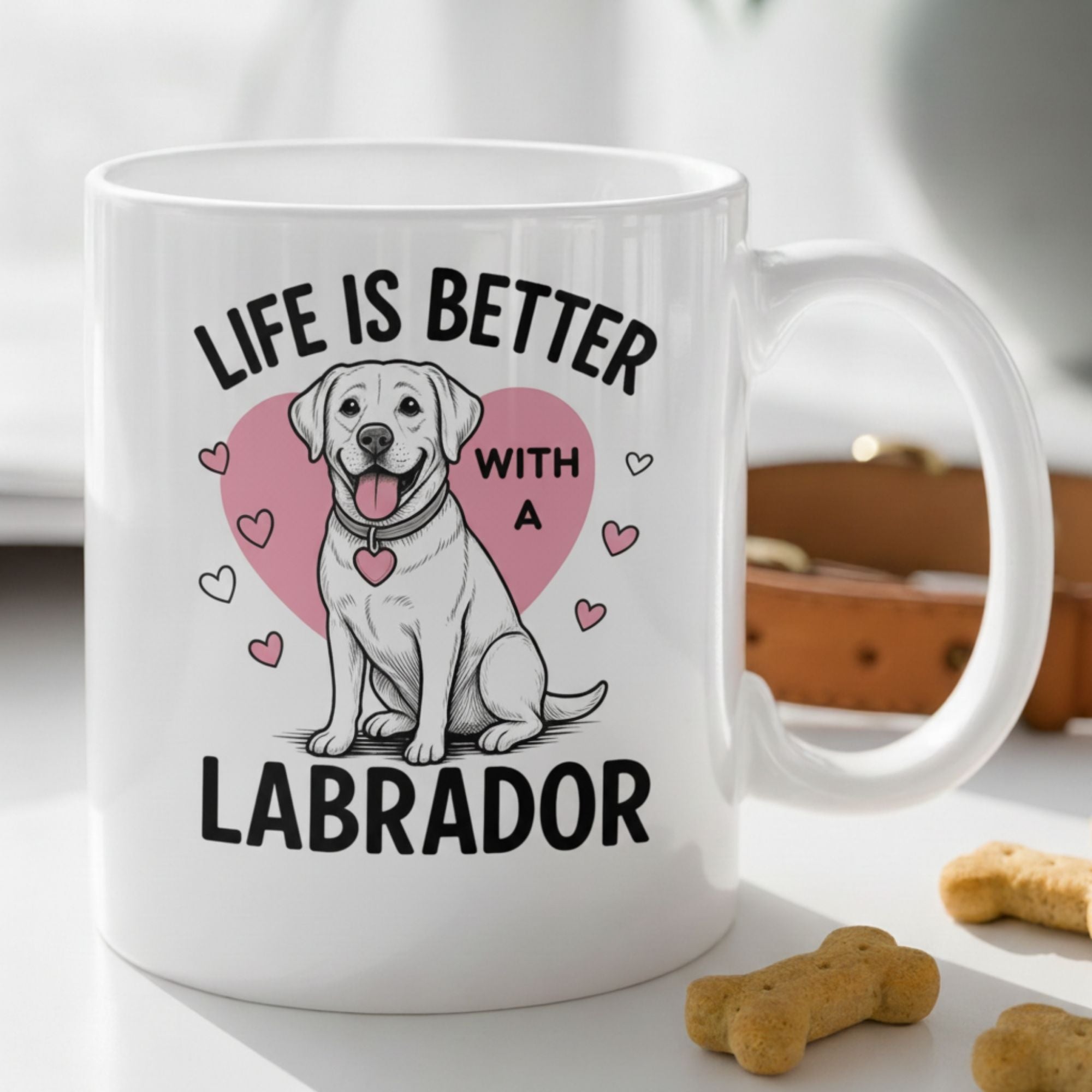 White mug with Labrador retriever design and text 'Life is better with a Labrador' on a light surface.