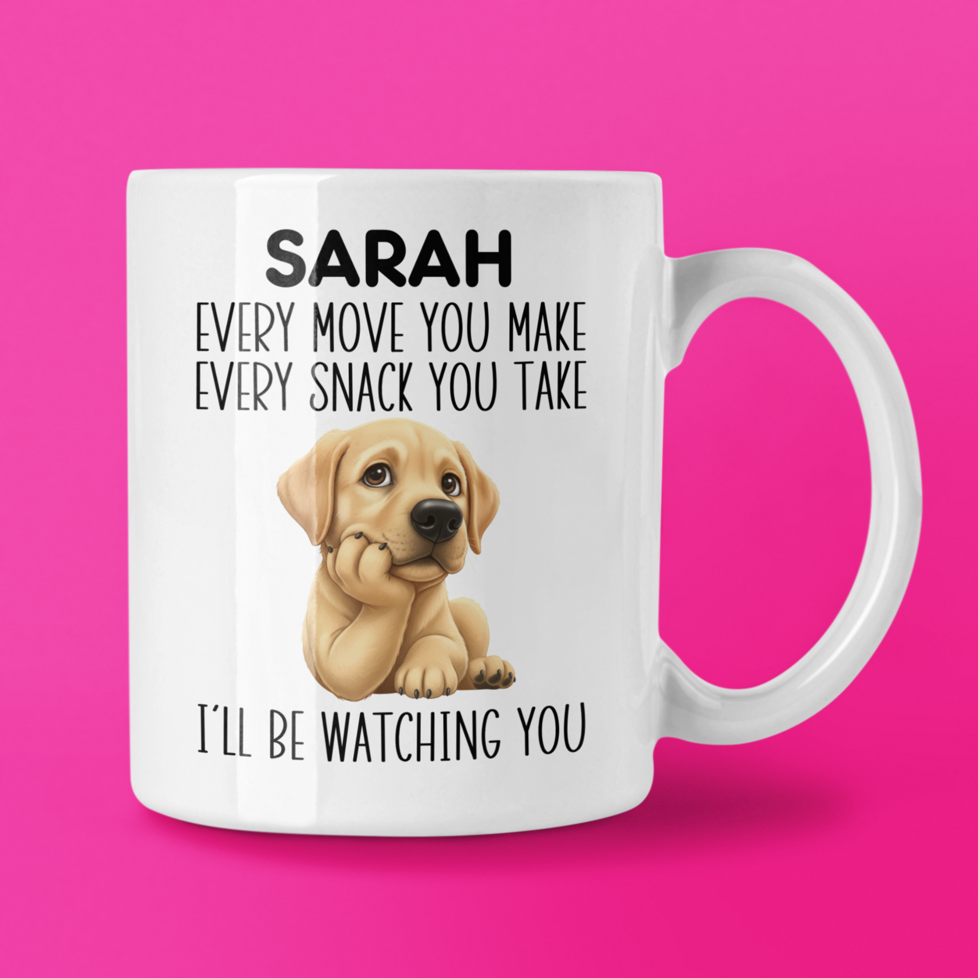 White mug with a puppy illustration and text on a pink background