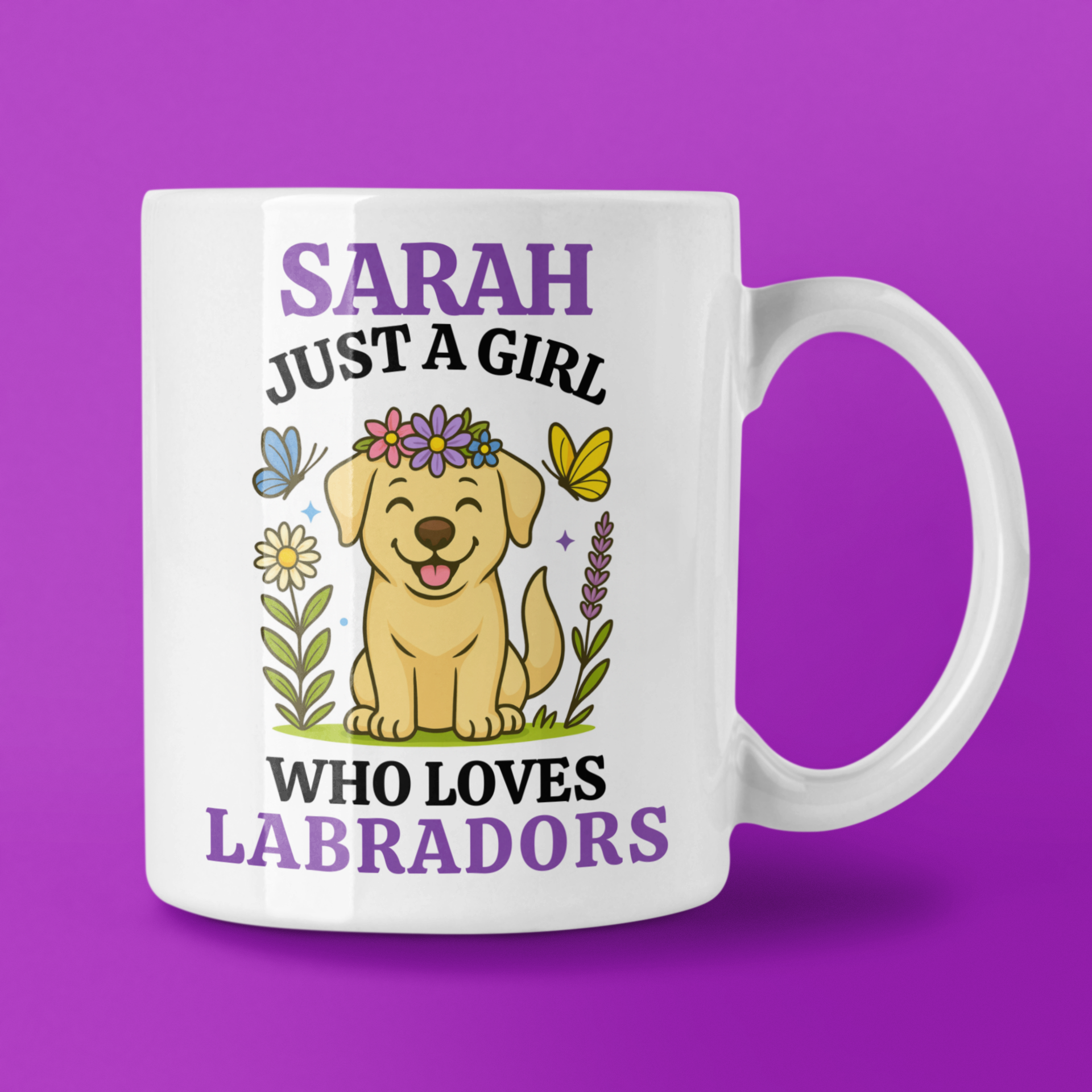 White mug with a design of a dog and text on a purple background