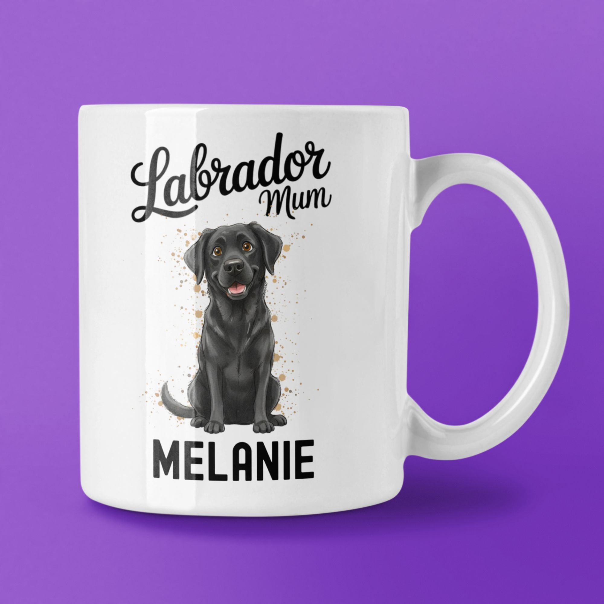 White mug with a black Labrador illustration and text on a purple background
