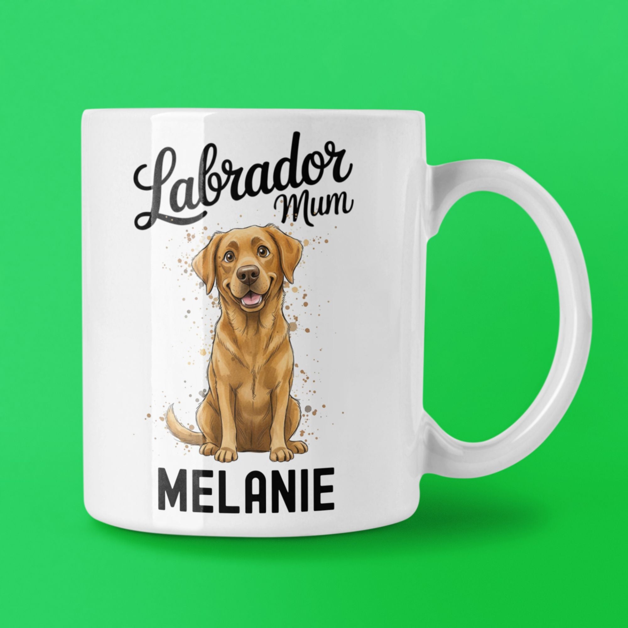 White mug with a Labrador illustration and text on a green background