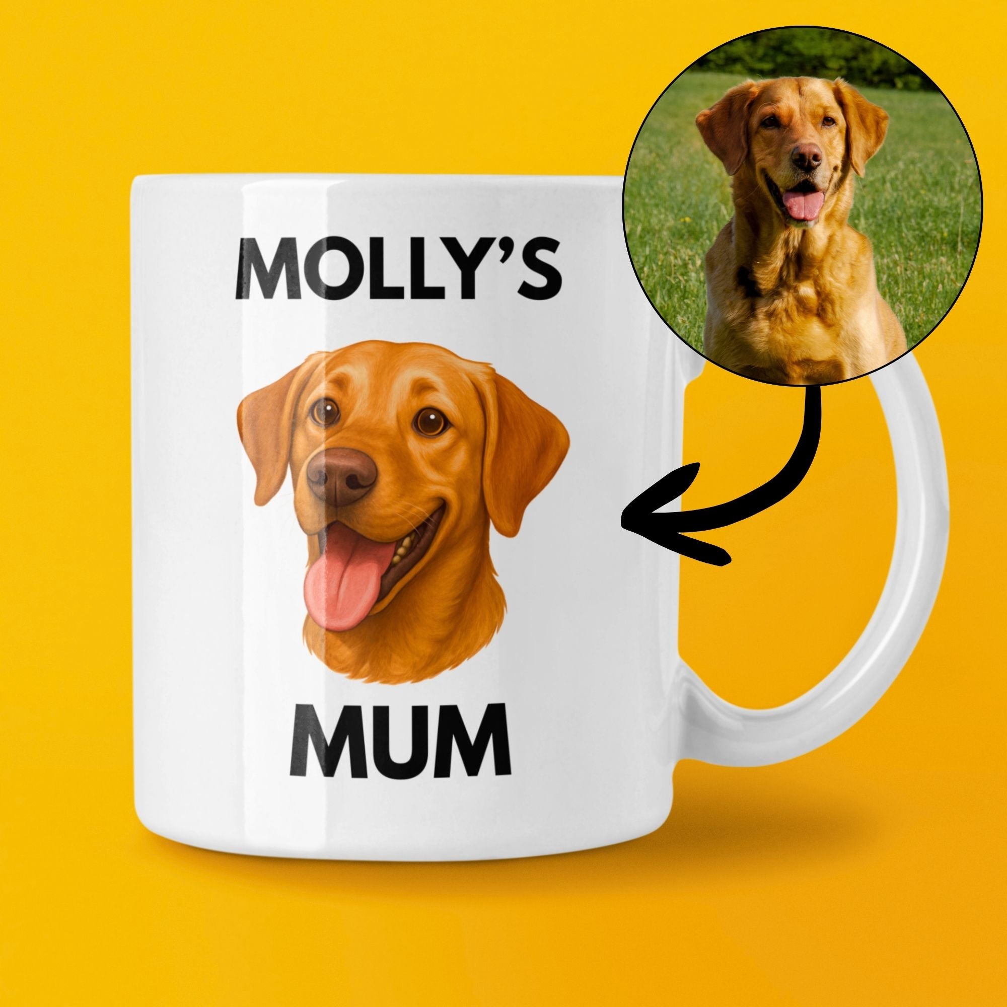 “White ceramic Labrador mug with text Molly’s Mum and Labrador illustration”

“Personalized dog lover mug featuring Labrador design and custom pet name”