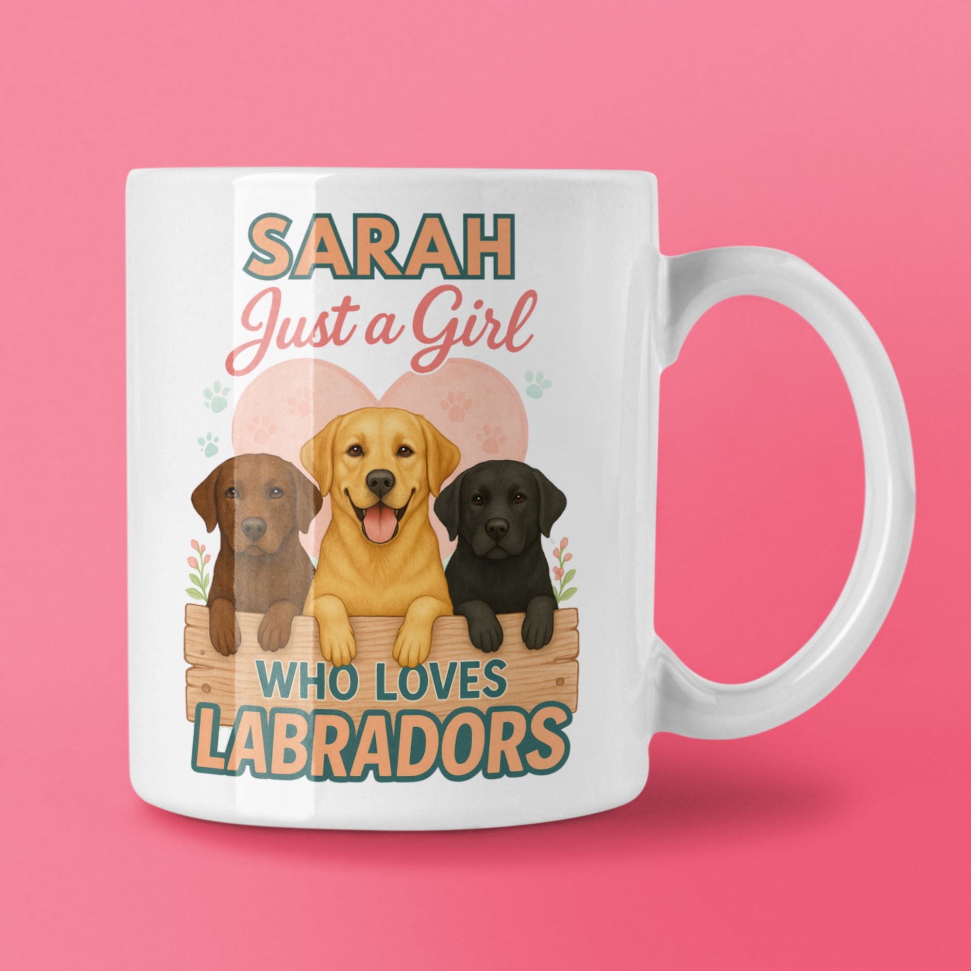 “White ceramic mug with three Labradors and text Just a Girl Who Loves Labradors personalized with name”

“Personalized Labrador coffee mug featuring yellow, chocolate, and black Labradors with heart background”